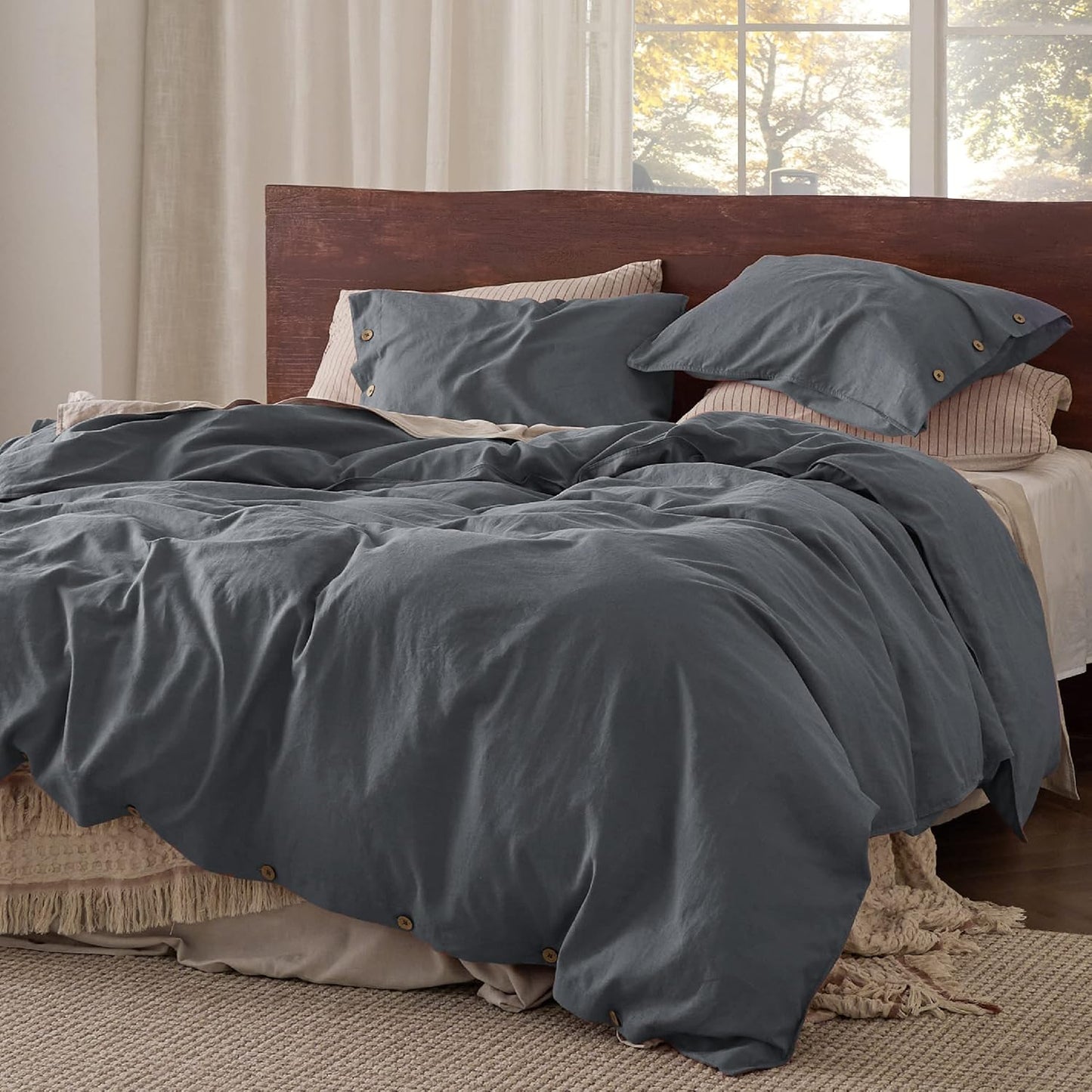 Bedsure Linen Duvet Cover King Size - Linen Cotton Blend Bedding Set, Soft & Cozy, 3 Pieces, 1 Duvet Cover 104x90 and 2 Pillowcases, Charcoal Grey Color Cooling Bedding, Comforter Sold Separately