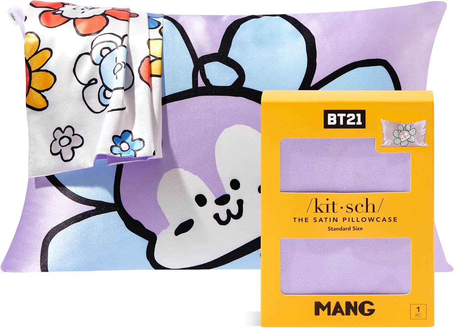 Kitsch x BT21 (Mang) Satin Pillowcase with Zipper for Hair & Skin - Softer Than Silk Pillow Cases, Smooth Cooling Pillow Cover, Wrinkle-Free, Machine Washable, Queen/Standard (19x26)