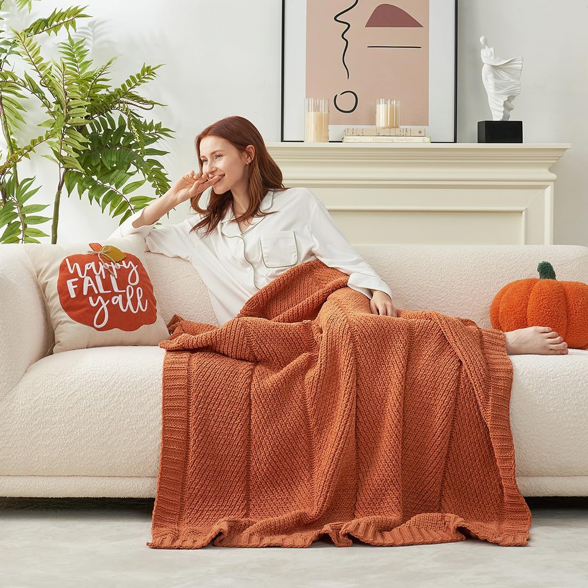 Amélie Home Chevron Chenille Knit Throw Blanket for Couch, Cozy Texture Decorative Soft Blanket for Sofa & Chair, 50"x60", Burnt Orange