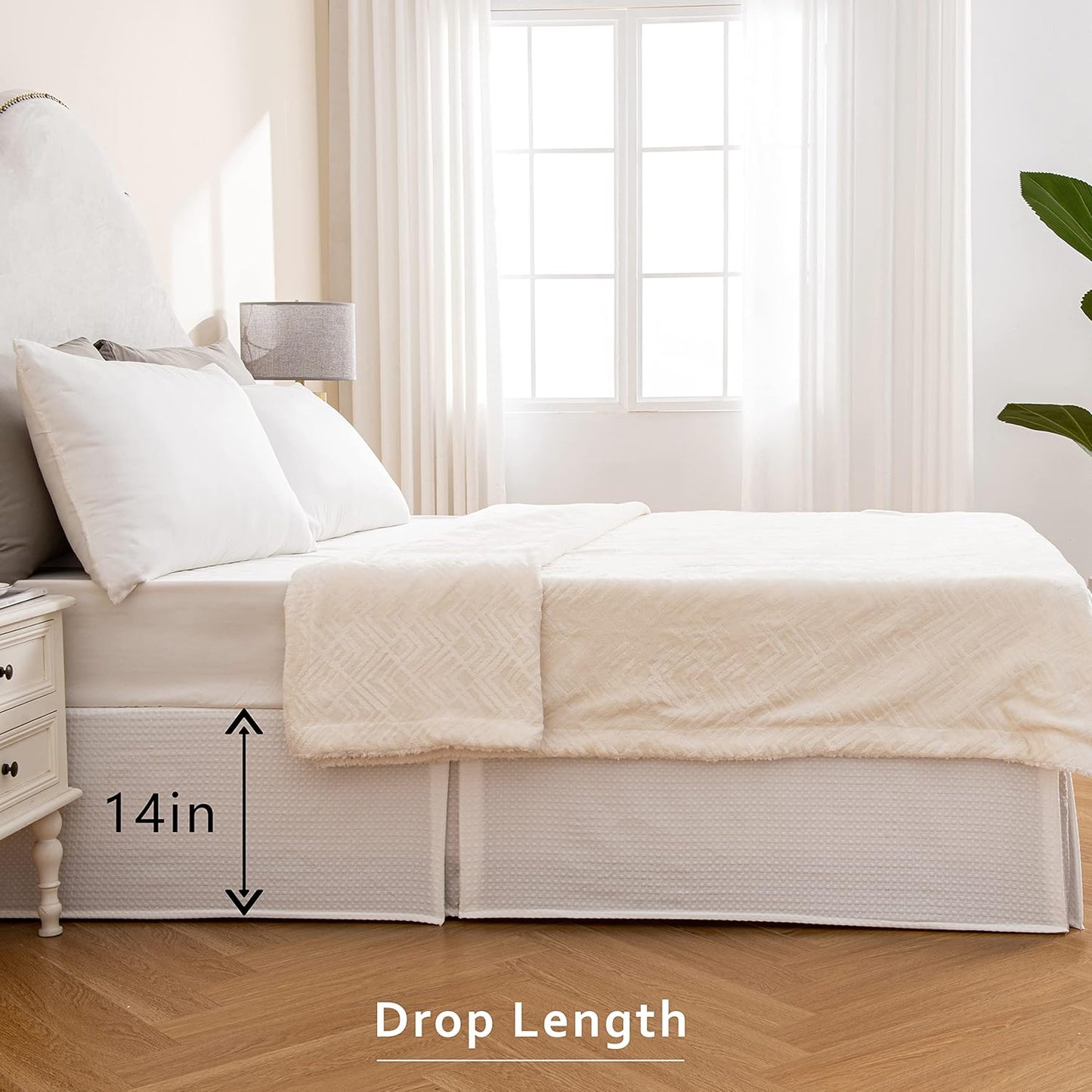 MIYE Pleated Waffle Weave Bed Skirt, Tailored Dust Ruffle 14 Inch Drop Easy Fit, Machine Washable,No Split Corners (White, Queen - 14" Drop)
