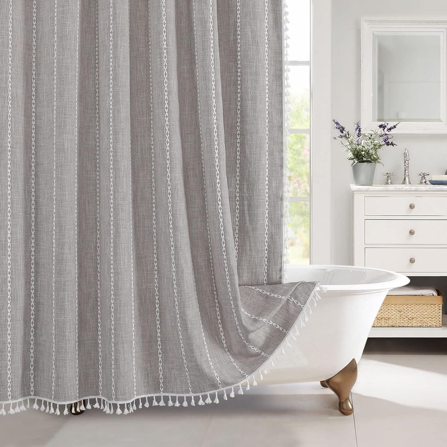 MitoVilla Boho Long Shower Curtain 72 x 78, Farmhouse 78 inch Long Polyester Linen Fabric Shower Curtains with Tassel for Chic Cottagecore French Rustic Bathroom Decor