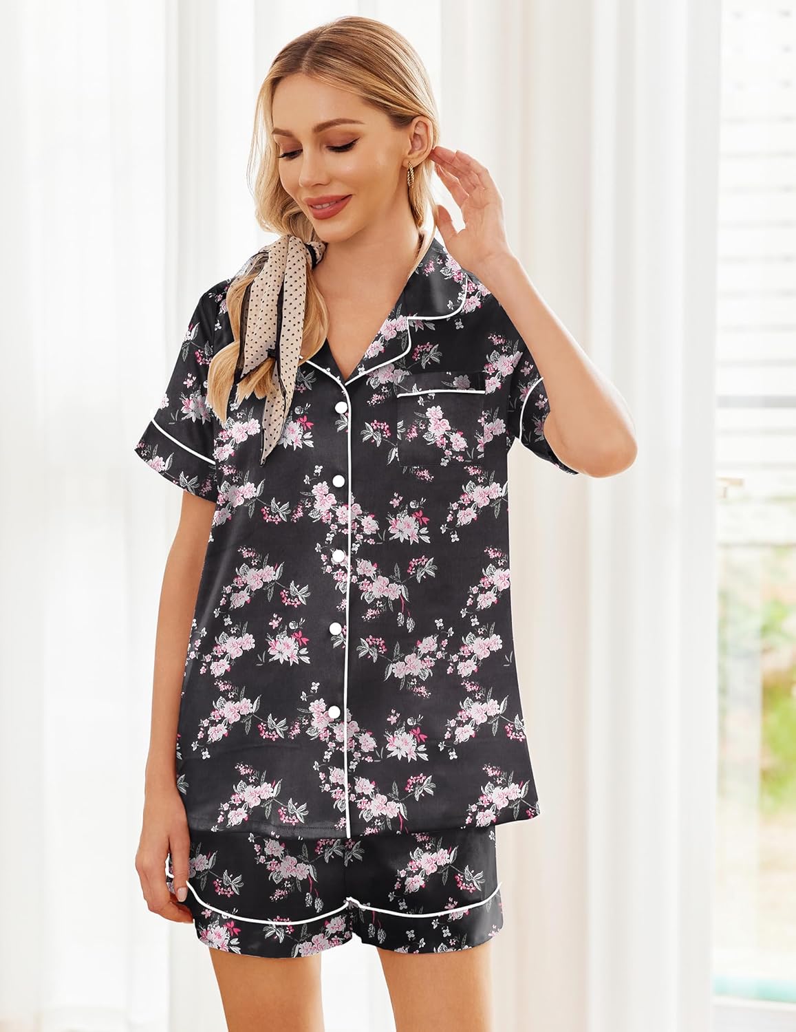 Ekouaer Pajamas for Women Set Silk Satin Pjs Shorts Sleepwear 2 Piece Loungewear S-XXL