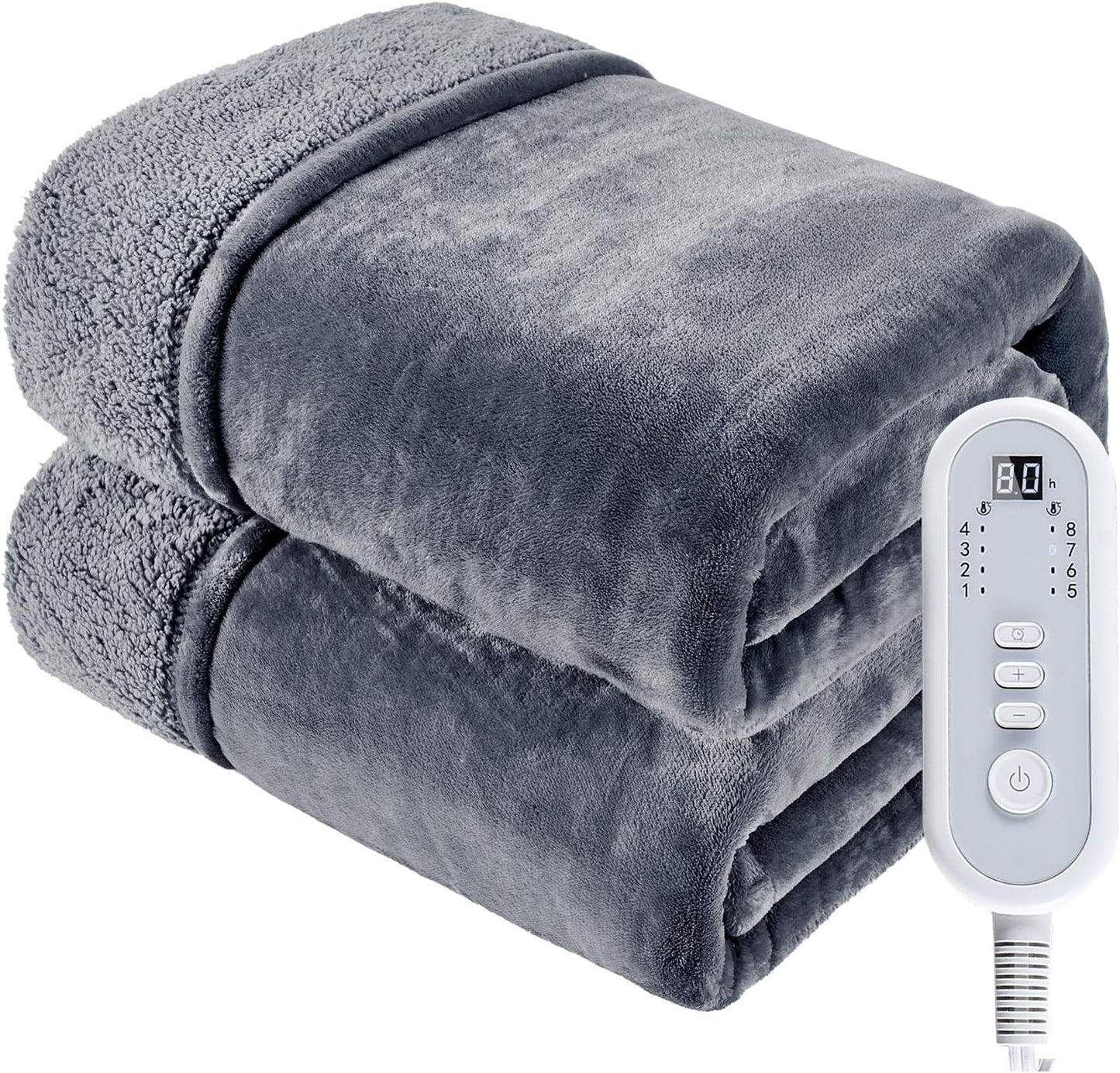 Heated Blanket Twin, Electric Blanket Soft Sherpa Flannel, 10 Hours Auto Shut-off & 8 Fast Heating Levels, Machine Washable ETL Certified, Heating Blanket for Bed & Sofa (62x84 inches, Gray)