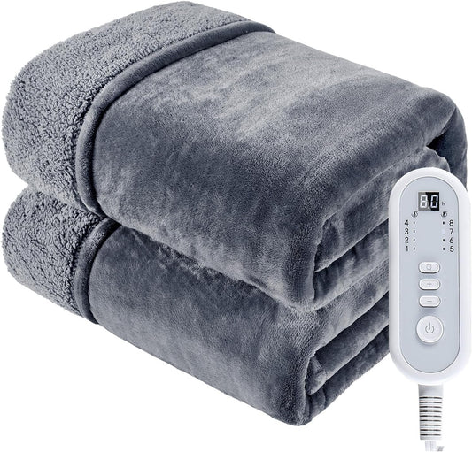 Heated Blanket Twin, Electric Blanket Soft Sherpa Flannel, 10 Hours Auto Shut-off & 8 Fast Heating Levels, Machine Washable ETL Certified, Heating Blanket for Bed & Sofa (62x84 inches, Gray)