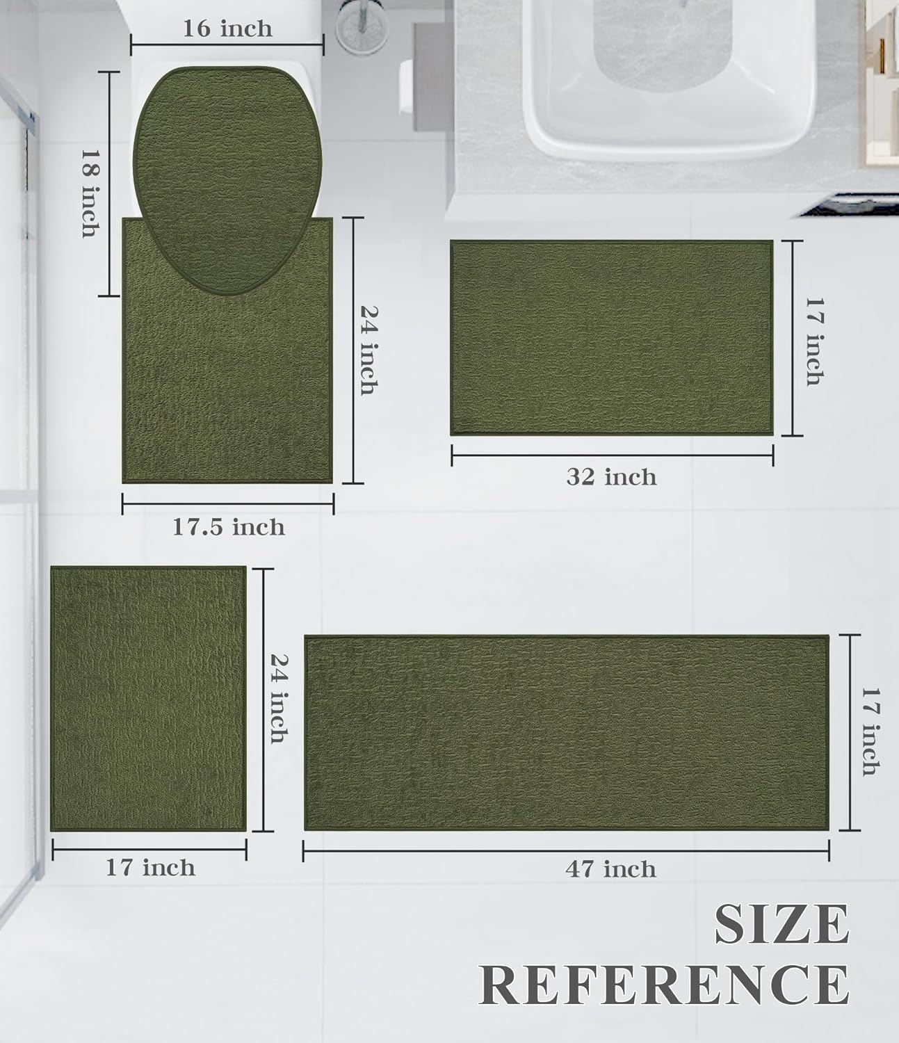 chakme Bathroom Rug Sets 5 Piece, Ultra Thin Bath Mat Quick Dry, Absorbent, Non Slip, Machine Washable, Dark Green, 17" x 24" / 17" x 30" / 17" x 59"