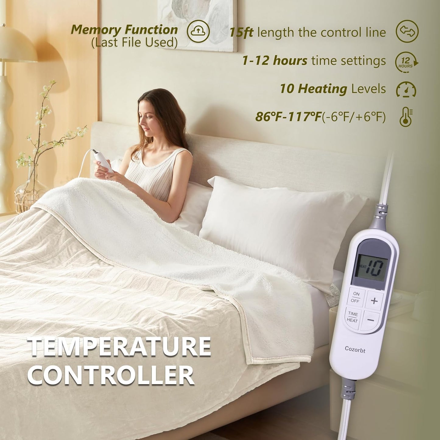 Heat Blanket 62”x84” Twin Size,Soft Flannel & Sherpa Reversible Electric Blanket with 10 Heat Settings,12 Timer Setting and 8 Hours Auto-Shut Off,ETL Certified Machine Washable,Ivory