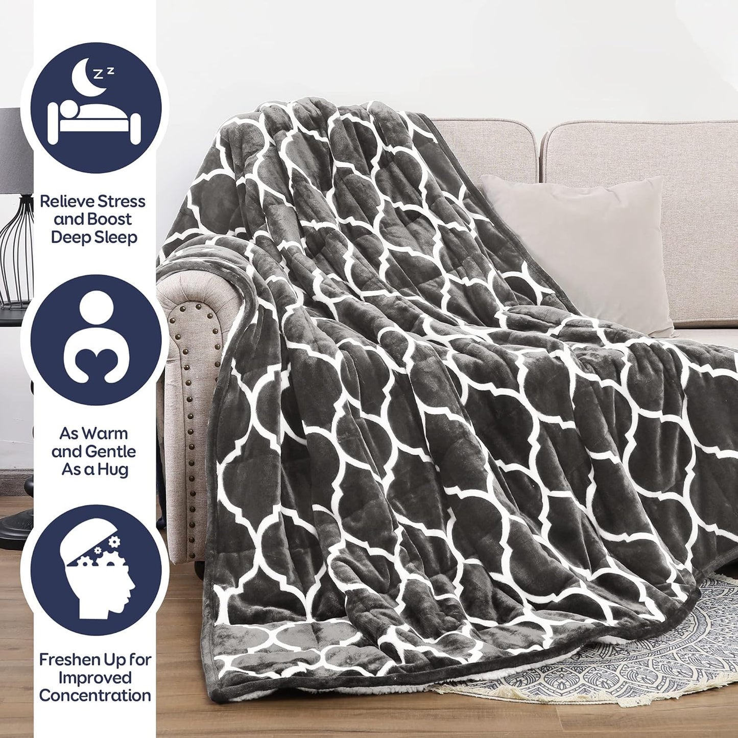 Cottonblue Morocco Sherpa Weighted Blanket 20lbs for Adult, Soft Fuzzy Fleece Bed Blanket with Ceramics Beads, Dual Sided Cozy Plush Weighted Blanket for All Season, 60 x 80 inches, Gray