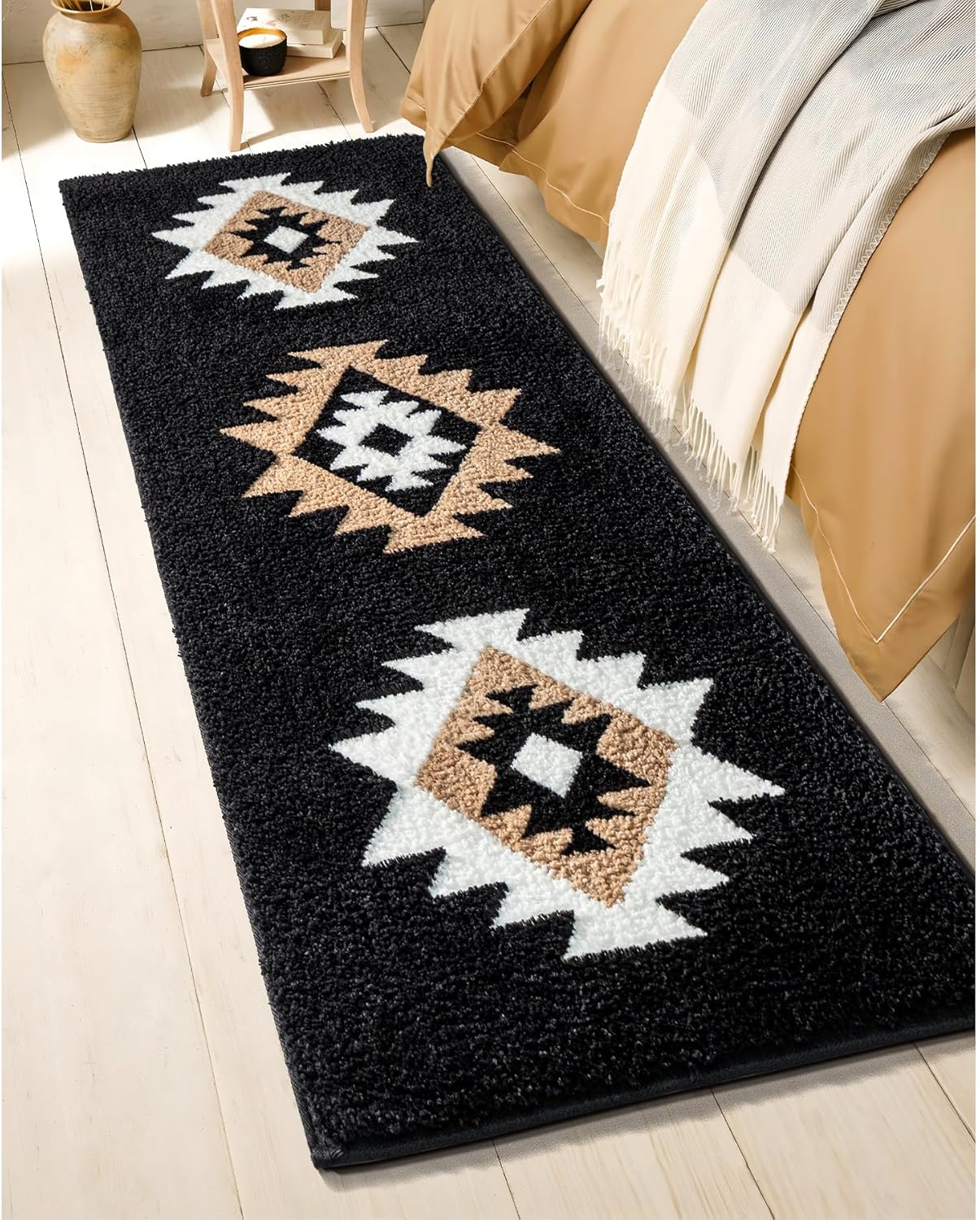 DEXDE Bathroom Runner Rugs 20x72 Boho, Long Bath Mats for Bathroom Bedroom Hallway Kitchen Luxury Soft Absorbent Large Bath Rugs Modern Geometric Western Farmhouse Carpet, Black White