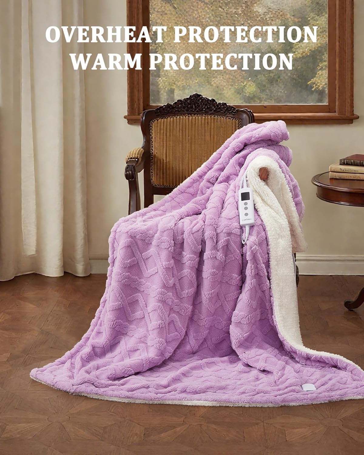 CAROMIO Heated Throw Blanket - Thick Tufted Sherpa Electric Blanket Throw with 10 Heating Levels and 10 Time Settings, ETL Certified Machine Washable Fast Heating Blanket Throw 50"×60", Purple