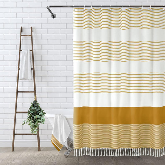 Awellife Gold Boho Shower Curtain for Bathroom Farmhouse Cotton Stripe Tassel Shower Curtain Natural Texture 72 X 72
