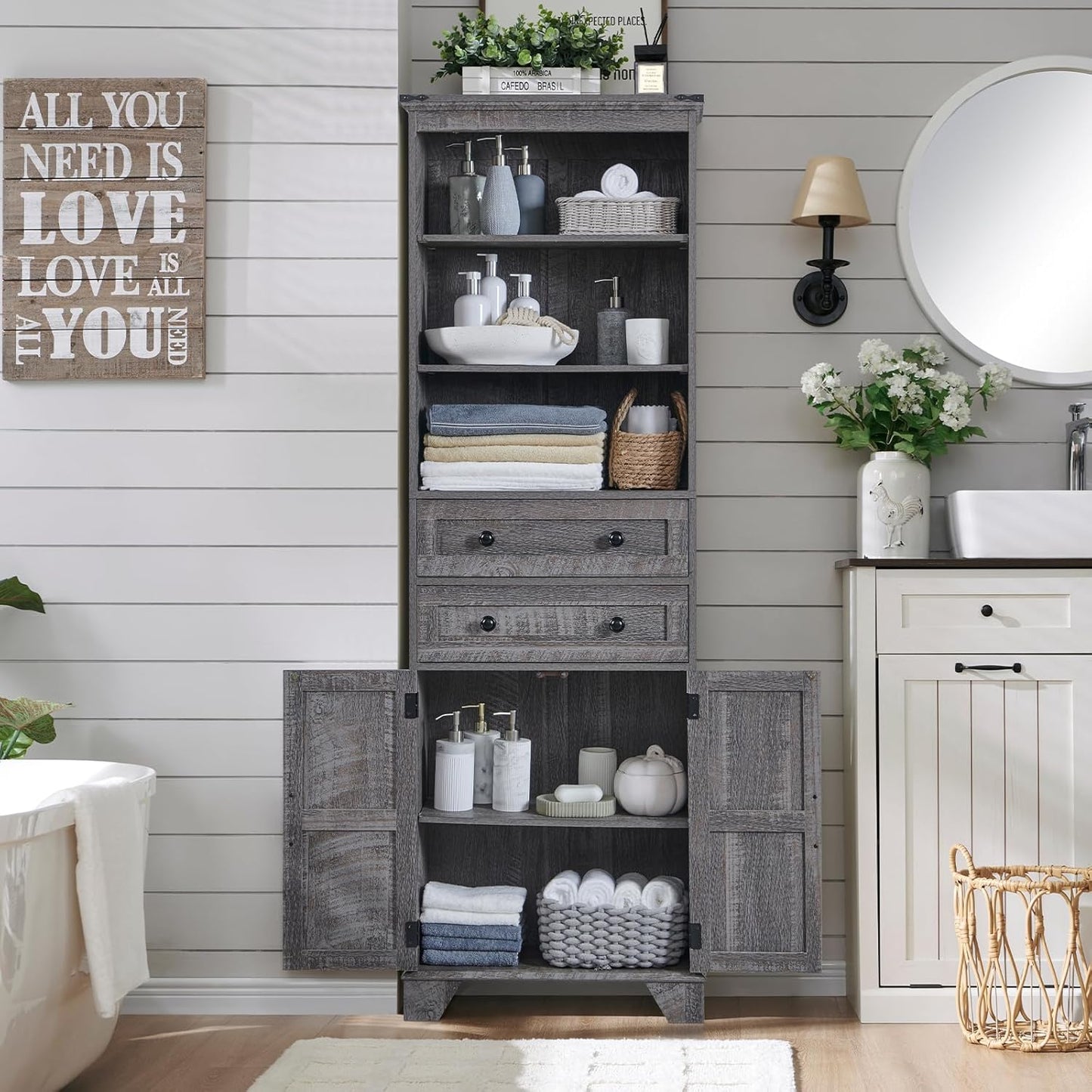 ACCOHOHO Bathroom Storage Cabinet, 72" Tall Farmhouse Storage Cabinet with 2 Drawers, Adjustable Shelves & Barn Door, Cabinet for Bathroom, Living Room, Kitchen, Grey Wash