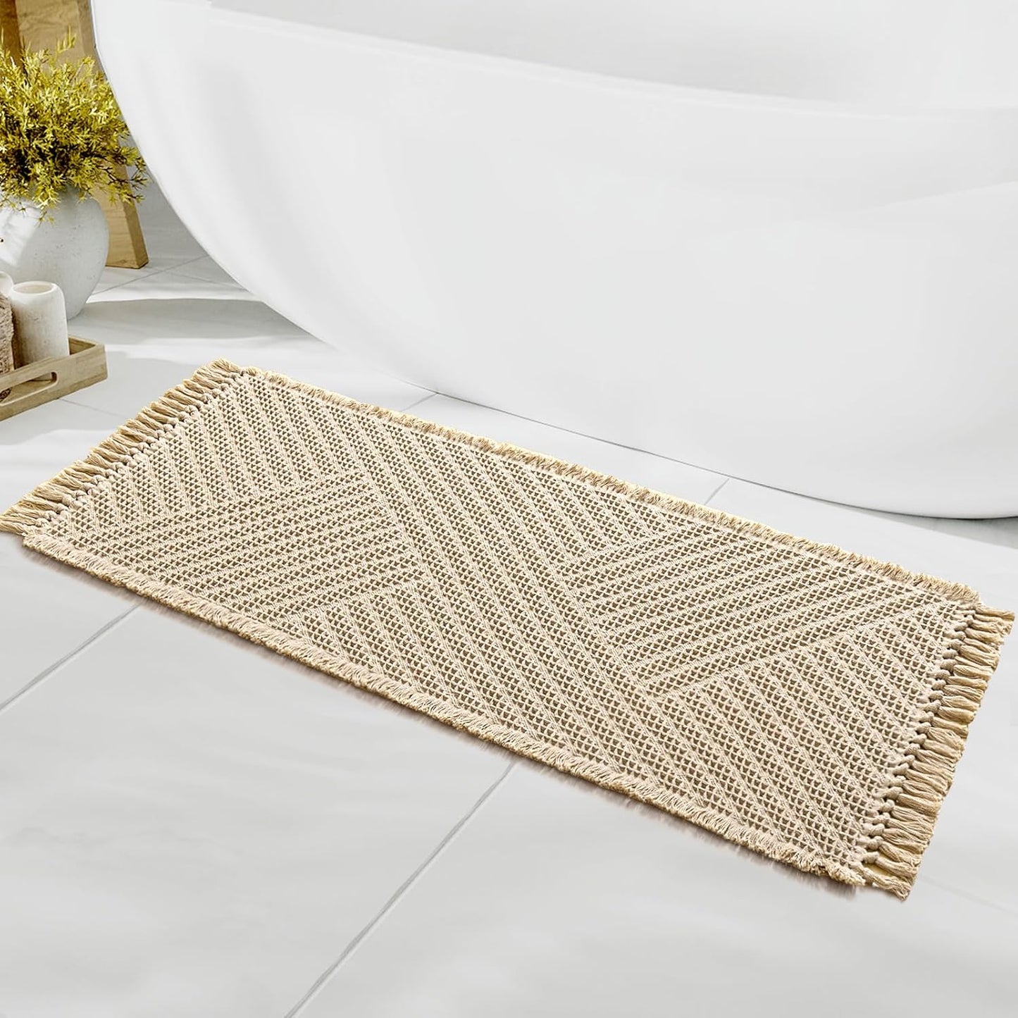 H.VERSAILTEX Waffle Bath Runner Rug Long Bath Mat Super Absorbent Boho Bath Rugs Non Slip Bath Runner for Bathroom Floor Machine Washable Dry Fast Bathroom Rugs with Tassels, 24" x 60", Sand
