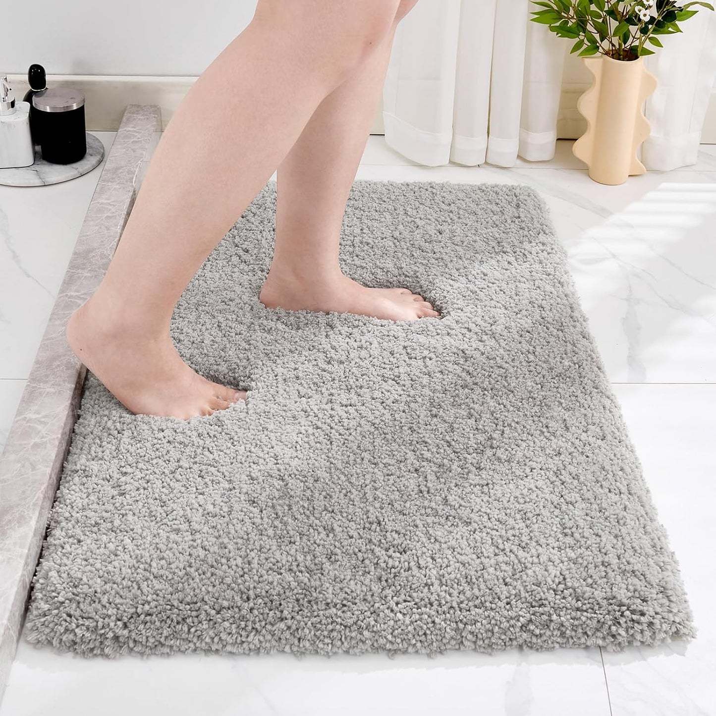 Small Bathroom Rug 17x24 Non Slip Gray Fluffy Bath Mat for Bathroom Floor Washable Plush Luxury Bath Rug for Tub Soft Shaggy Absorbent Shower Mat