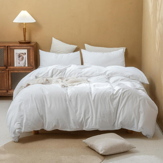 FOSSA Duvet Cover Set 100% Washed Cotton Linen Feel Super Soft Breathable Cozy Simple Style 3 Pieces Bedding Sets Solid Bright White Twin/Twin XL