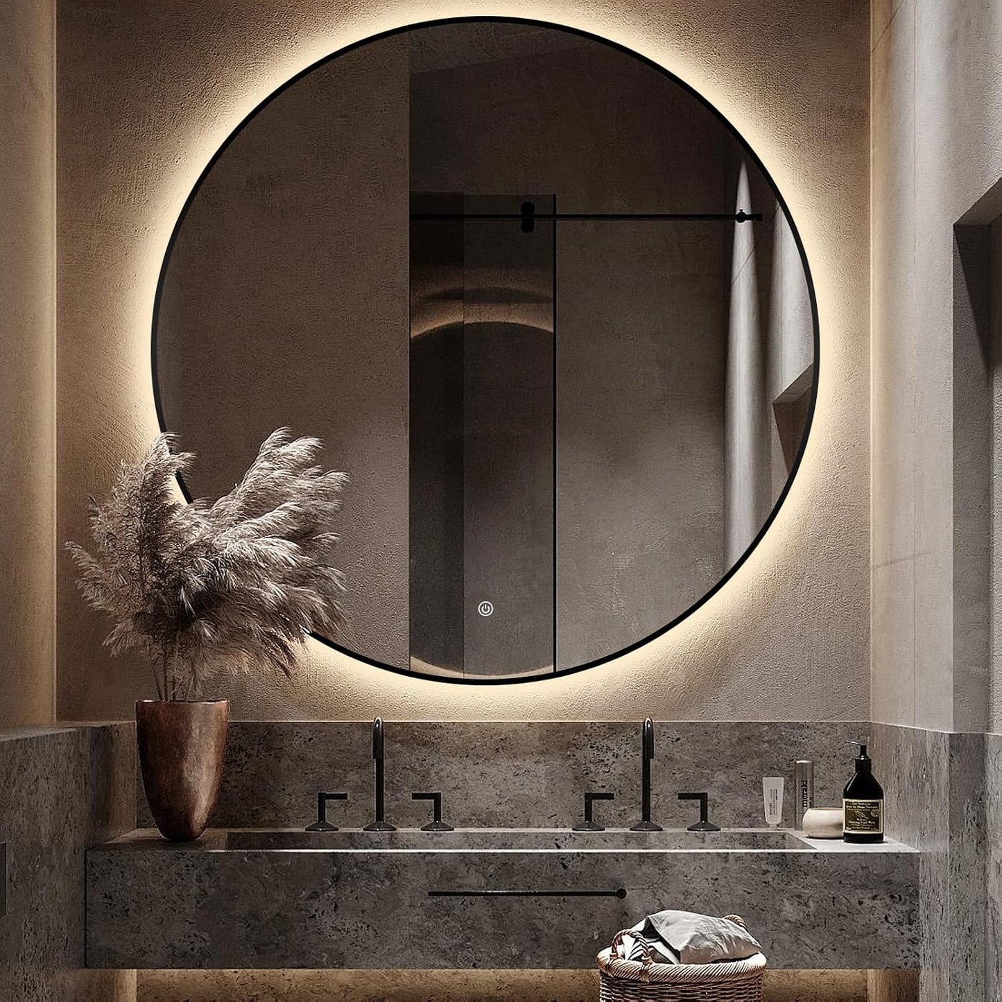 Niccy 40" LED Backlit Round Mirror for Bathroom, Black Framed Vanity Light Wall Mirrors LED Smart Circle Mirrors with 3 Lighting Colors, Lighted Round Mirror with Anti-Fog, IP65 Waterproof