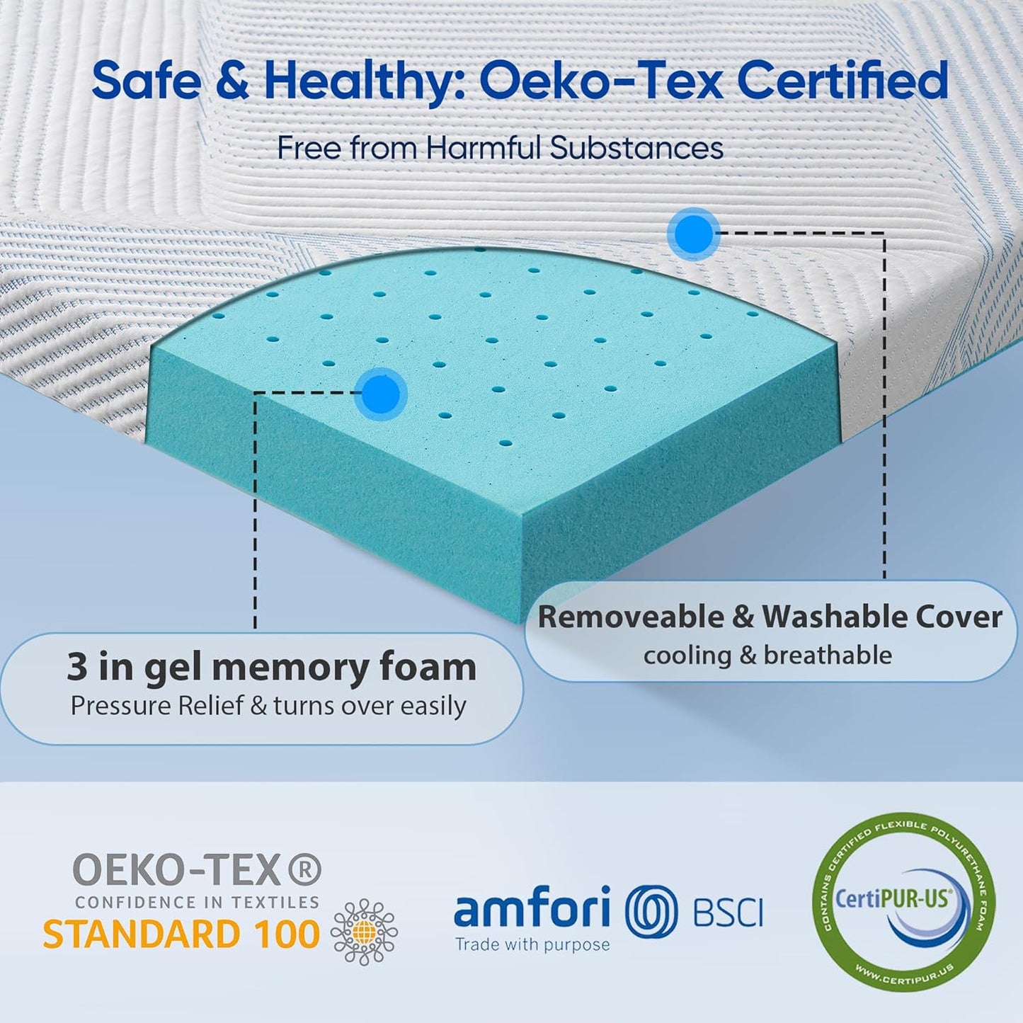 3 Inch Full Size Gel Memory Foam Mattress Topper High Density Cooling Pad Pressure Relief Bed Topper with Removable & Washable Cover