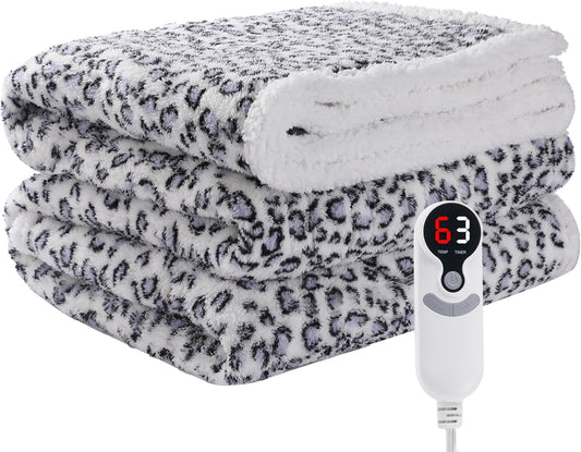 Electric Heated Blanket Full Size 72×84, 10H Auto Off & 6 Heating Settings Fluffy Ultra Soft Warmth Lightweight Cozy Plush Sherpa Machine Washable, Fast Heating, Home Office Leopard Print Blue & White