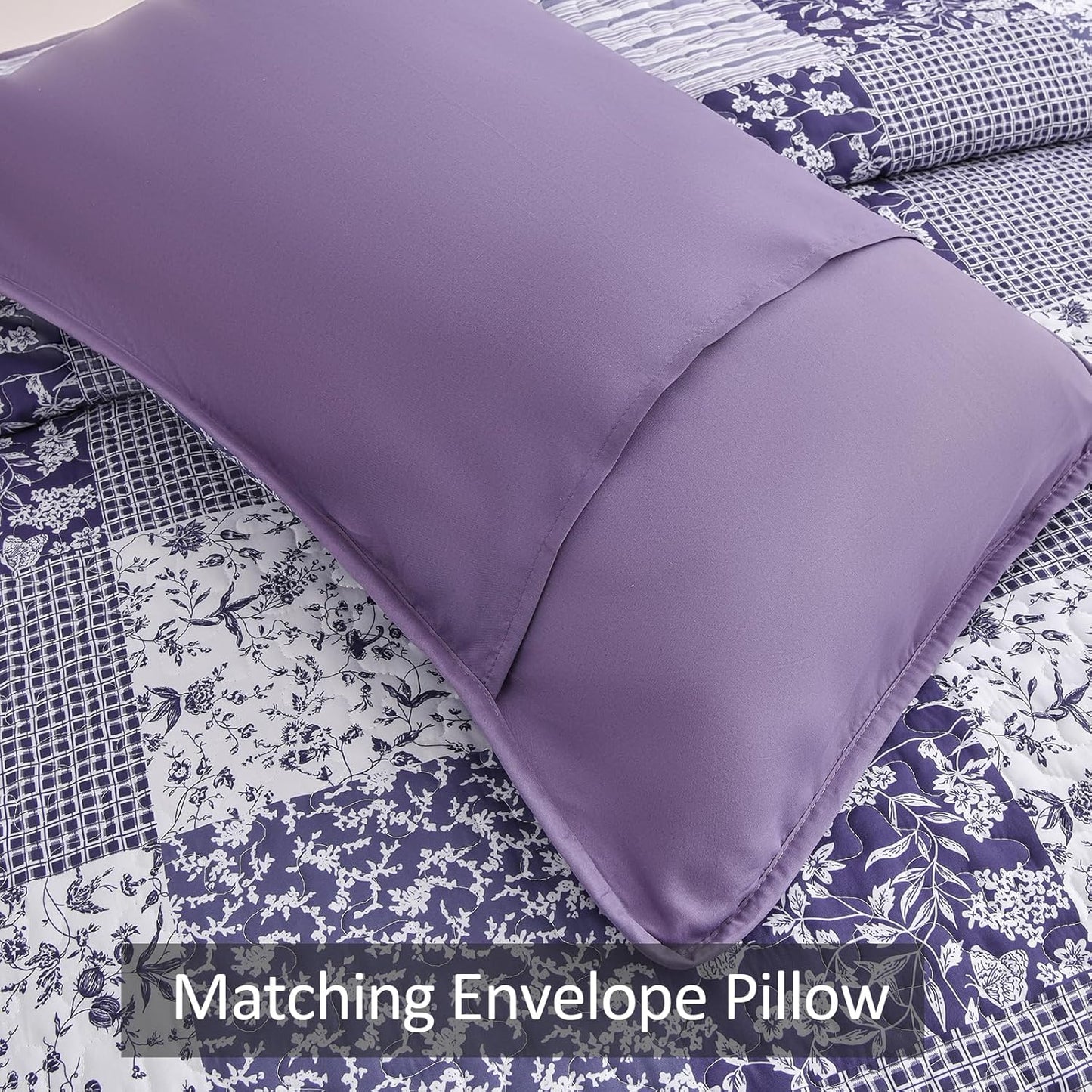 Mybedsoul Purple Quilt Set Queen Size,3 Pieces Boho Floral Plaid Bedspread Coverlet Set for All Season,Patchwork Reversible Bedding Set Queen 90"x96"