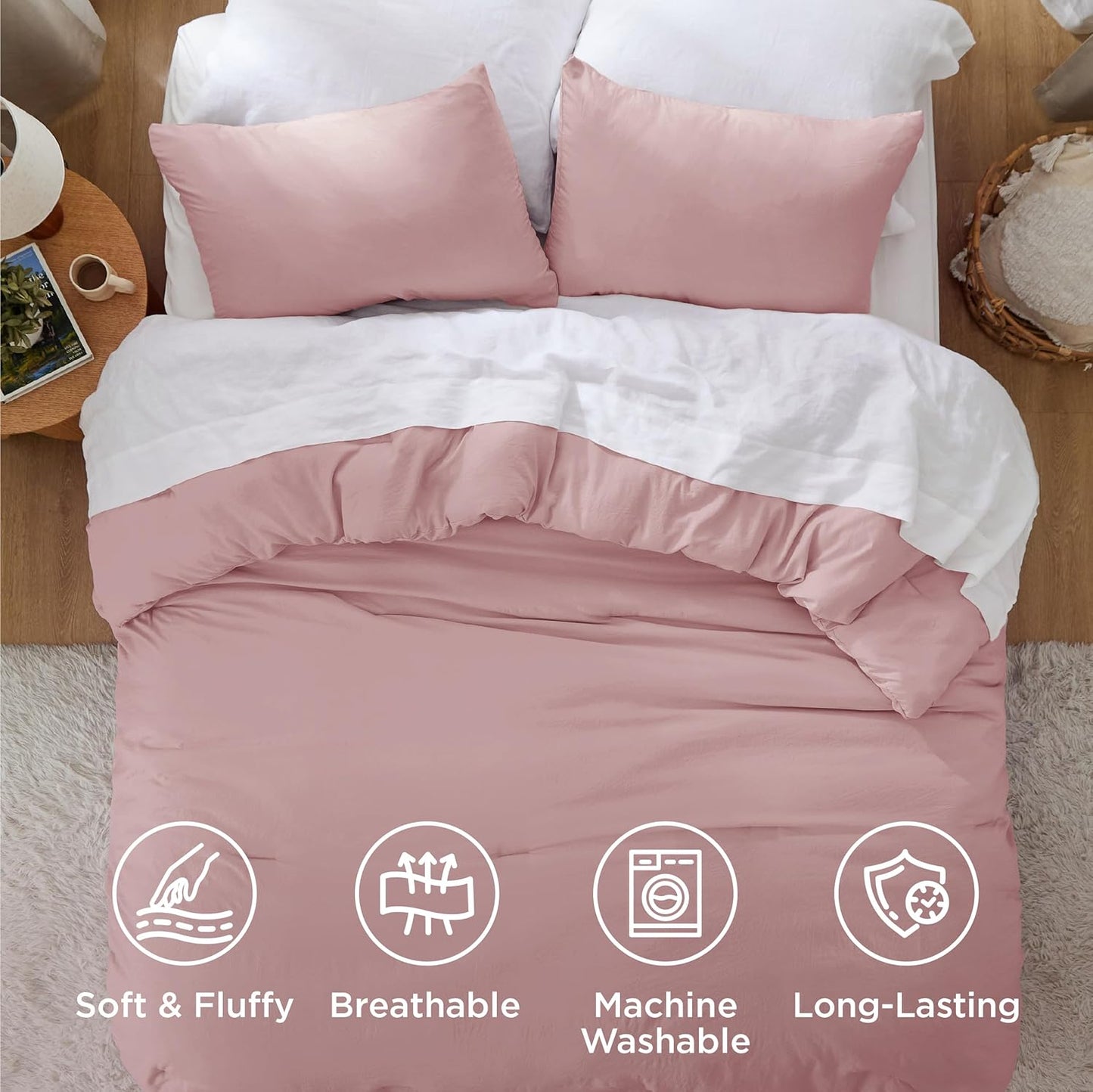 Bedsure King Size Comforter Set, Pink Soft Prewashed Bedding for All Seasons, 3 Pieces GentleSoft™ Warm Down Alternative Bed Set, 1 Lightweight Comforter (104"x90") and 2 Pillowcases (20"x36")