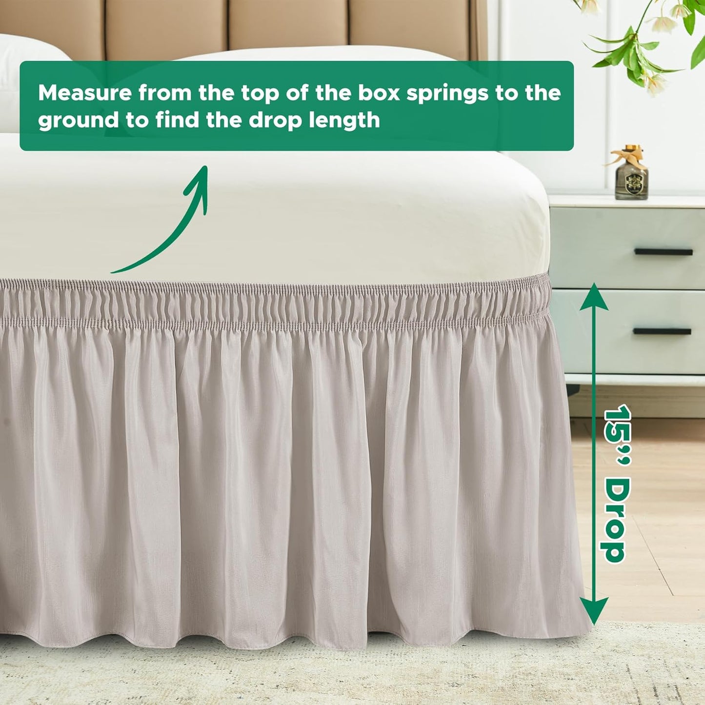 Biscaynebay Wrap Around Bed Skirts for Twin & Twin XL Beds with 15" Drop, Camel Grey Adjustable Elastic Dust Ruffles Easy Fit Wrinkle & Fade Resistant Silky Luxurious Fabric Machine Washable