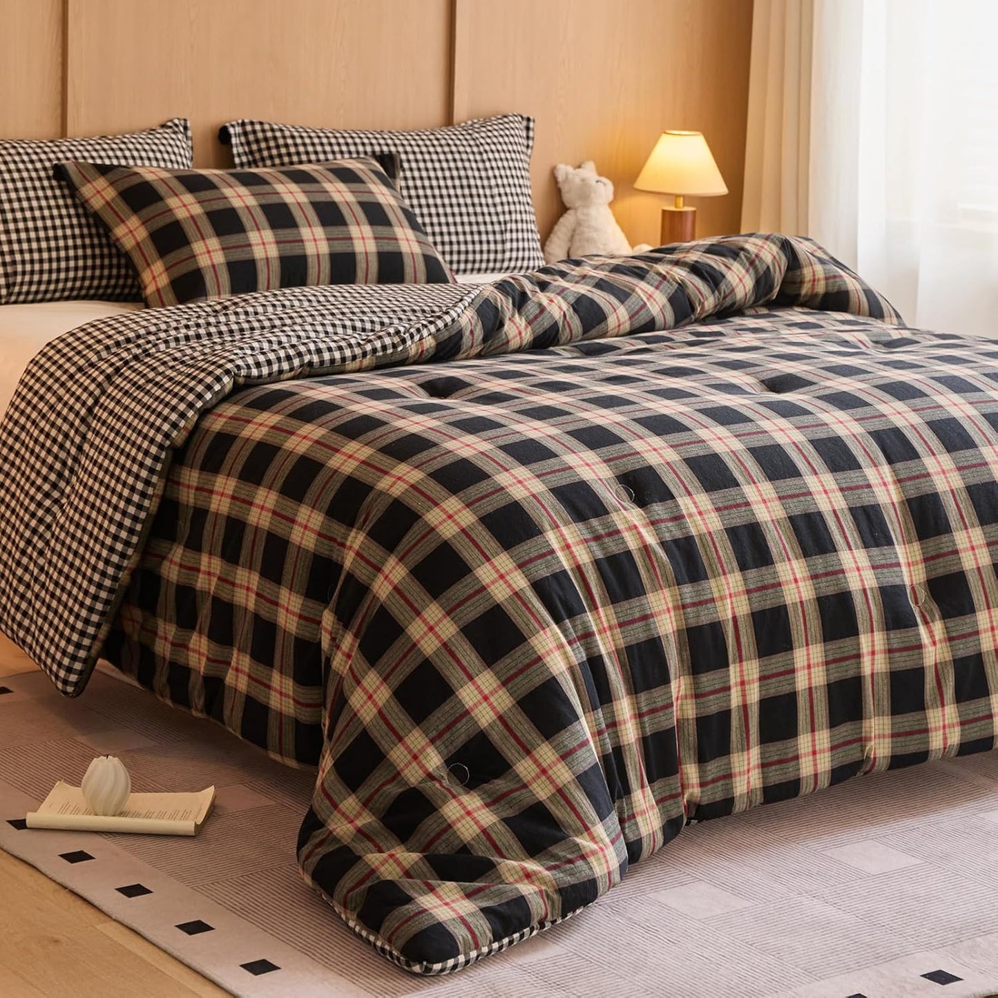 100% Cotton Comforter Set King Size – Reversible Yarn-Dyed Checkered Design, Soft Washed Cotton on Both Sides, Lightweight All-Season Bedding, Machine Washable(Black Red Plaid, 104”x90”)