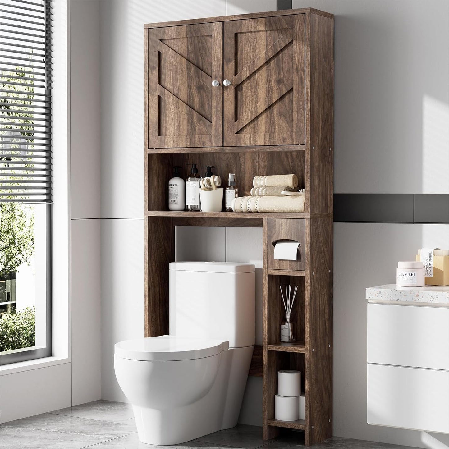 Meilocar Bathroom Storage Cabinet Over Toilet with Toilet Paper Holder Stand, Freestanding Bathroom Storage Organizer Cabinet Space Saver W/Adjustable Shelf, Walnut