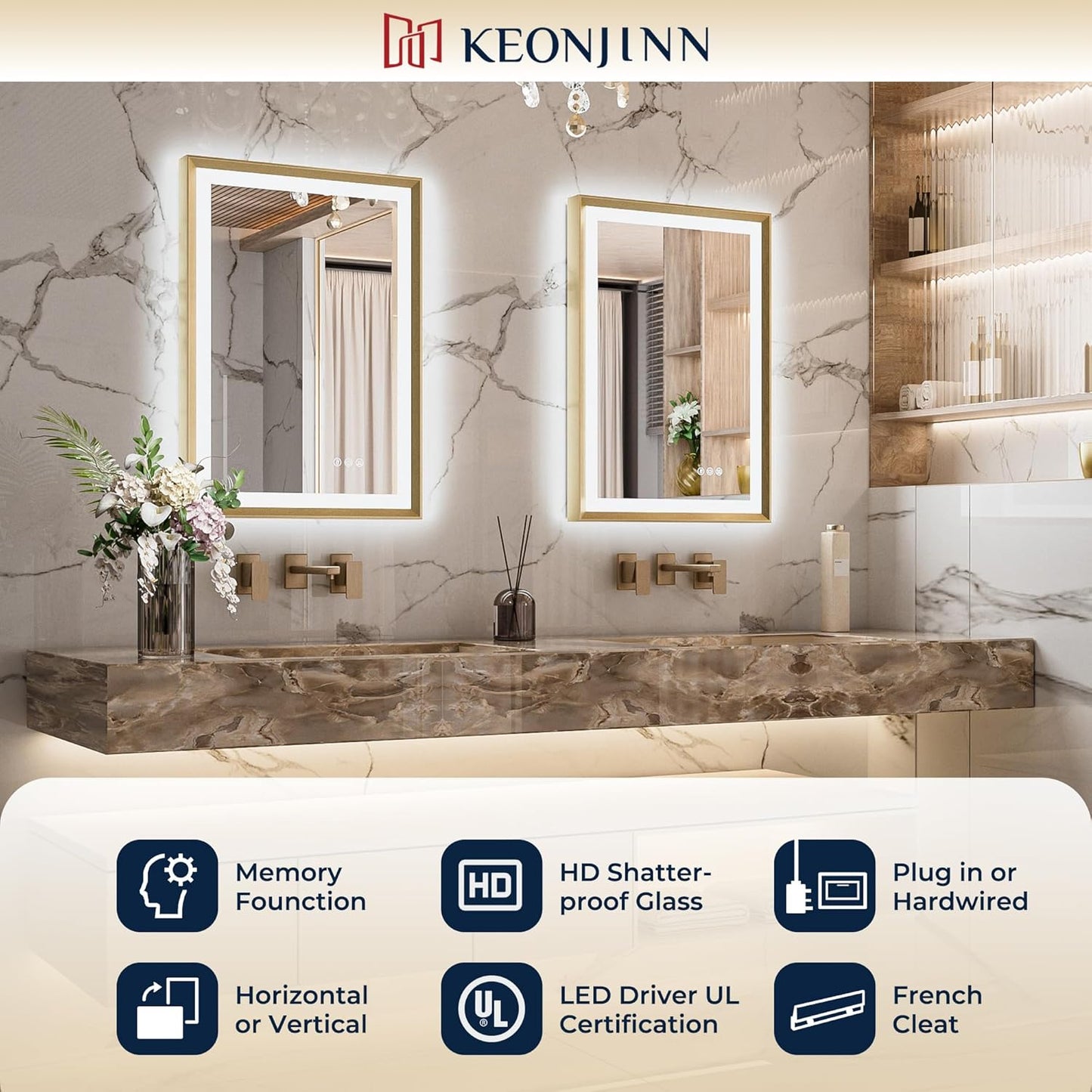 Keonjinn 48” x 36” LED Bathroom Mirror with Frontlit & Backlit, Gold Metal Framed Lighted Mirror with Stepless Dimmable 3-Color Temperatures, Anti Fog, UL-Listed Driver, No Dark Corner
