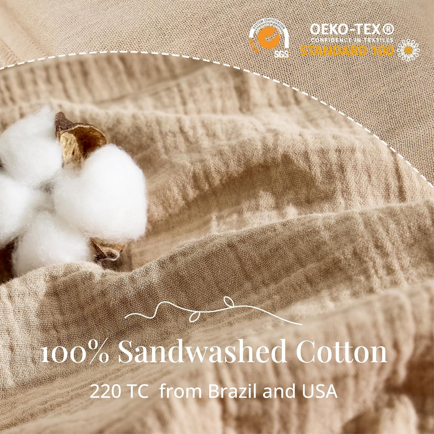 100% Sandwashed Cotton Duvet Cover King, Soft King Size Duvet Cover Set 3 Pieces with Zipper Clousre & Corner Buttons (Linen, King 104 x 90)