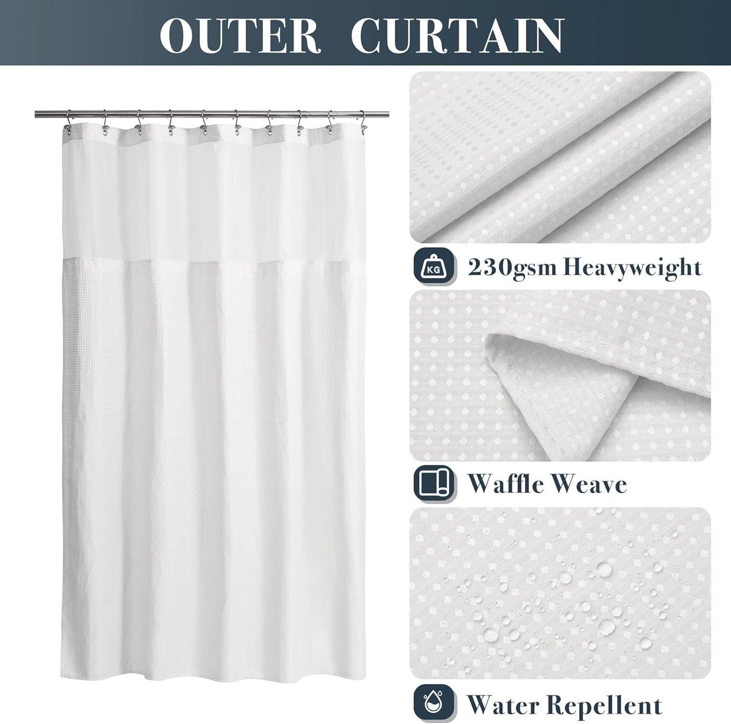 N&Y HOME 54 Inch Waffle Weave Shower Curtain with Snap-in Fabric Liner & 12 Metal Hooks Set - 54" x 72" Shower Stall Size, Hotel Style & Mesh Top Window, Machine Washable - White, 54x72