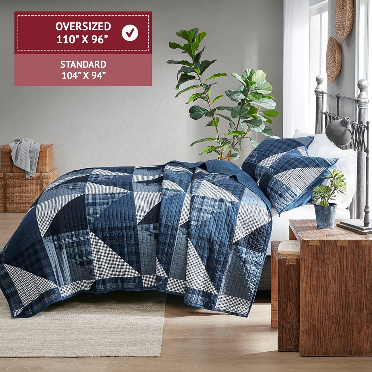 Woolrich Reversible Quilt Set - Cottage Styling Reversed to Solid Color, All Season Lightweight Coverlet, Cozy Bedding Layer, Matching Shams, Oversized King/Cal King, Olsen Geometric Blue
