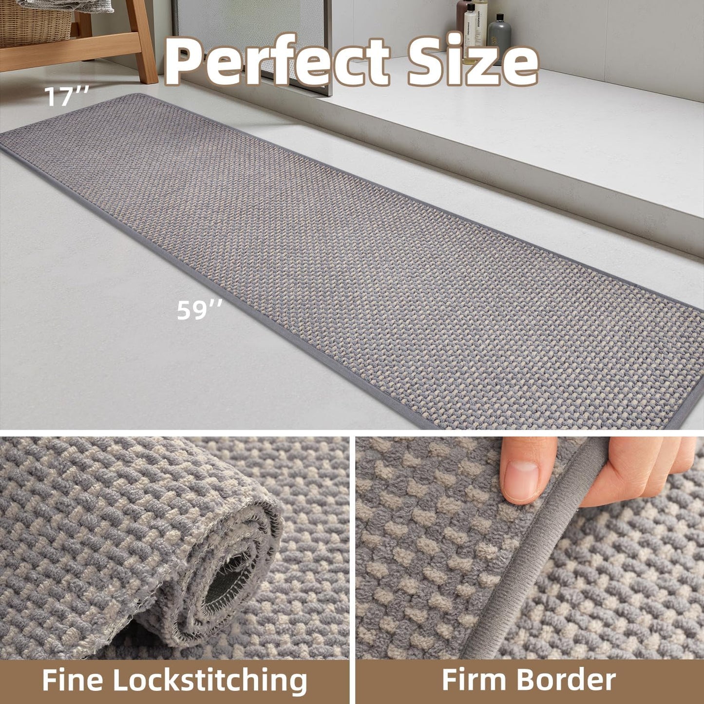 PADOOR-Bath Mat Runner-Super Absorbent Chenille Bathroom Mats-Rubber Backed Bath Mats for Bathroom Non Slip, Easy Clean Bathroom Runner Rugs Front of Bathtub,Shower Room,Sink-17×59, Grey&Beige
