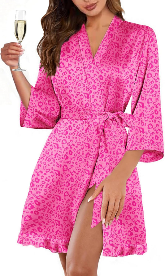 Ekouaer Women's Satin Robes Silk Kimono Bath Robe Short Ruffled Hem Bride Bridesmaid Sleepwear with Pockets