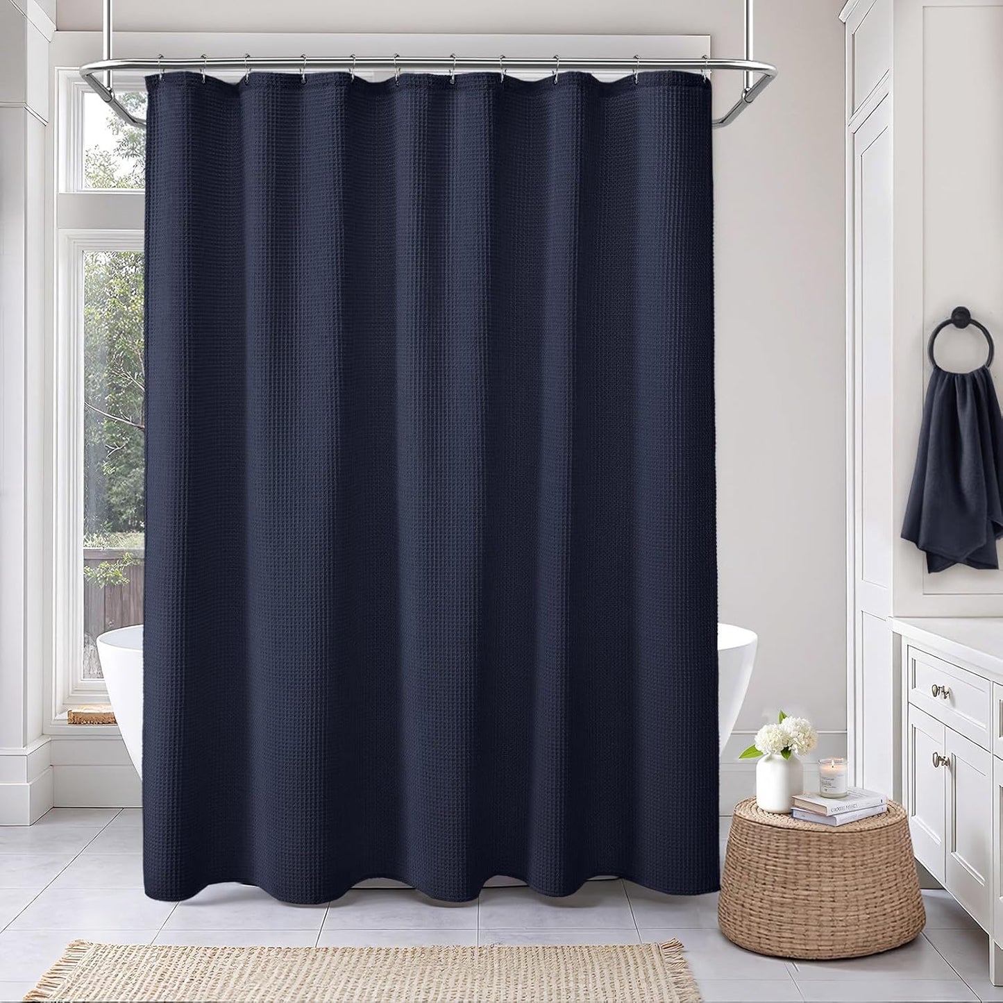Extra Long Waffle Shower Curtain - Navy Blue Cotton Texture Fabric Heavyweight Shower Curtain for Bathroom,72Wx84L