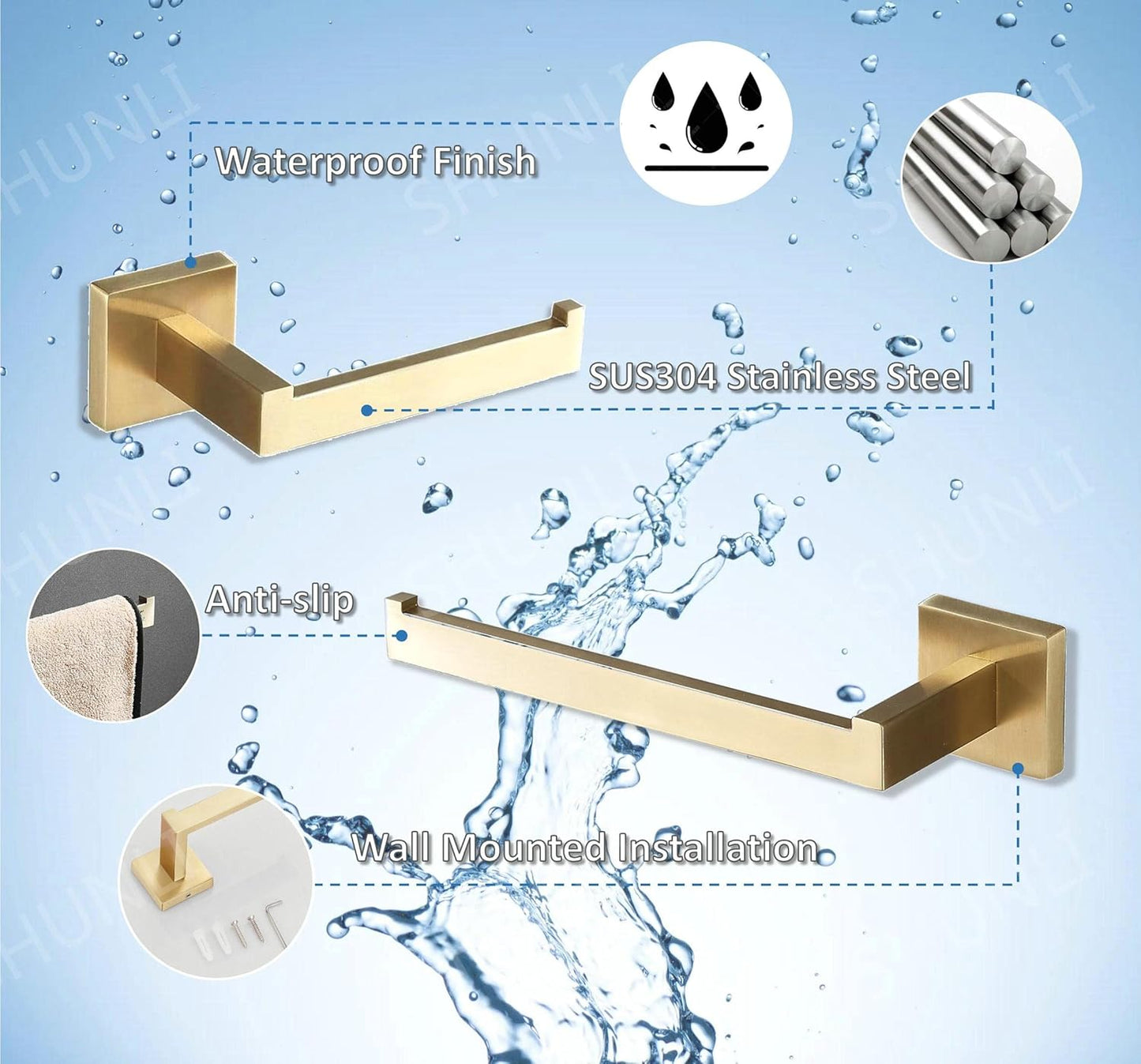 SHUNLI Gold Toilet Paper Holder + Hand Towel Holder, Brushed Gold Bathroom Accessories Hardware Set 2 Pieces, Wall Mounted Towel Ring Towel Bar, SUS304 Stainless Steel