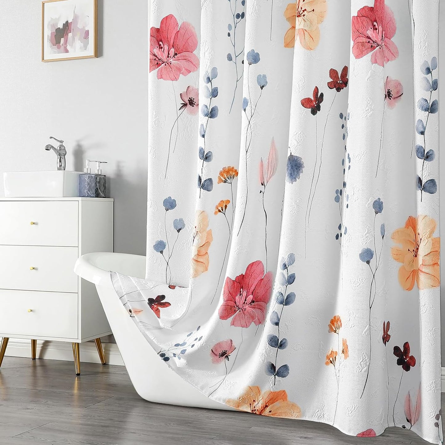 QiyI Extra Long Shower Curtain 72 x 84, Modern Watercolor Floral Bath Curtain, 3D Embossed Texture Peach Pink Flower Cloth Bathroom Curtains, Waterproof Fabric Farmhouse Shower Curtain Set with Hooks