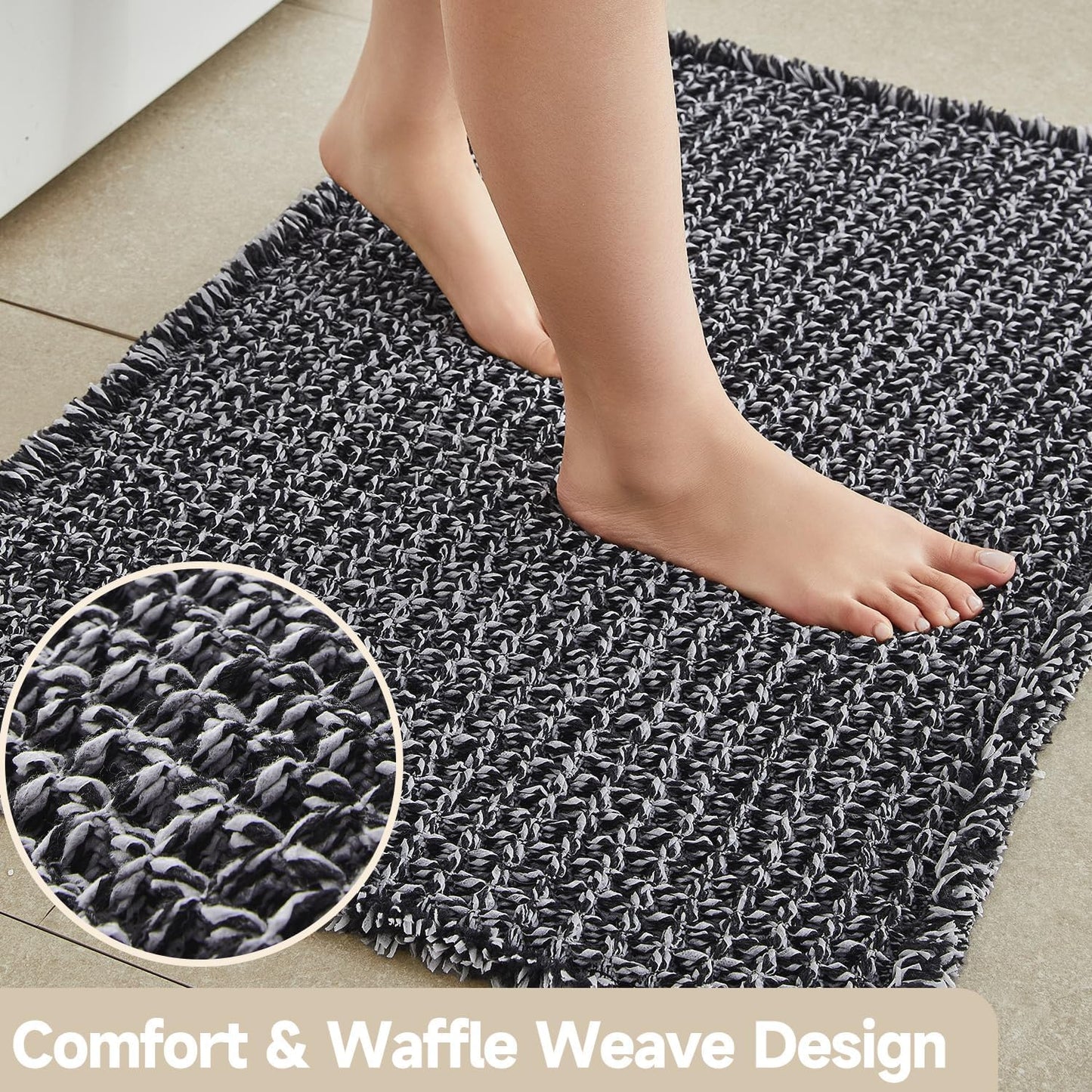 Black and White Bathroom Rugs, Waffle Bath Mat Non Slip Washable Super Absorbent Quick Dry Boho Farmhouse Bathroom Decor, 30"x20" Black and White