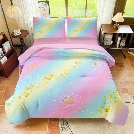 Girls Full Size Bedding Sets Rainbow Bedding – 5 Piece Comforter Set Full, Gradient and Colorful Galaxy Comforter for All-Season – Machine Washable, Durable – Gift Idea for Boys and Girls Room