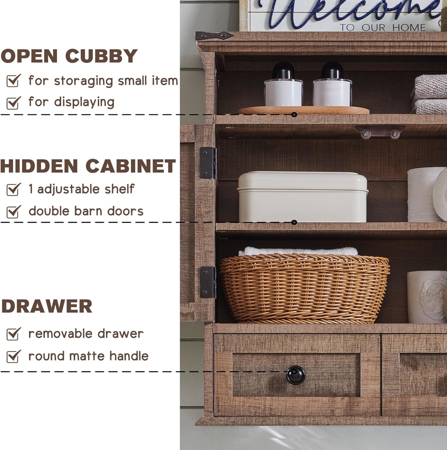 ACCOHOHO Bathroom Wall Cabinet, Farmhouse 24" Wide Medicine Cabinet with Drawer, Adjustable Shelf, Double Barn Doors, Storage Cabinets for Bathroom, Kitchen, Living Room, Rustic Brown