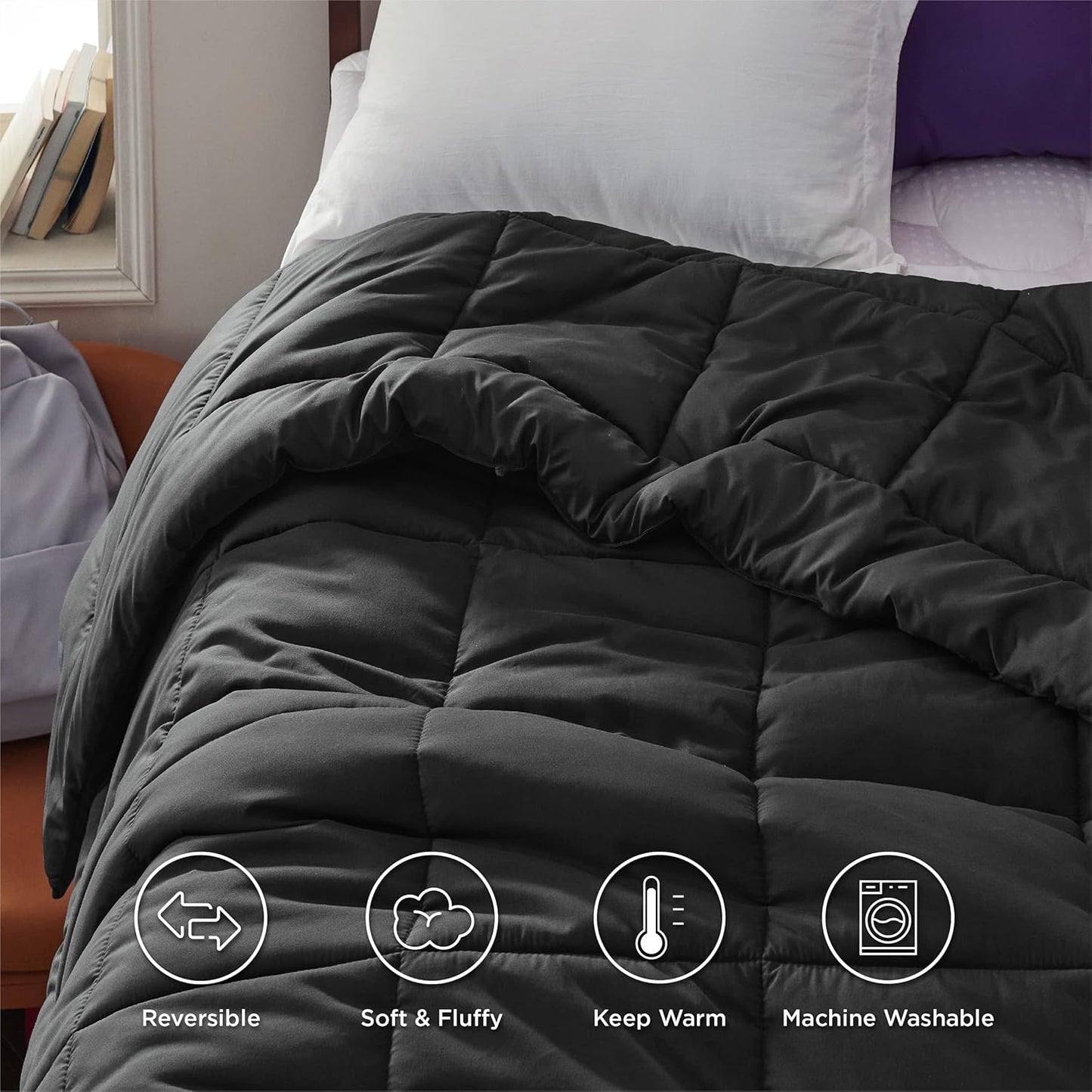 Bedsure Comforter Duvet Insert - Quilted Comforters Twin XL Size, All Season Duvet, GentleSoft Down Alternative Bedding, with 8 Tabs, Gifts for Women/Men, Black, Twin XL 92 x 68 Inches