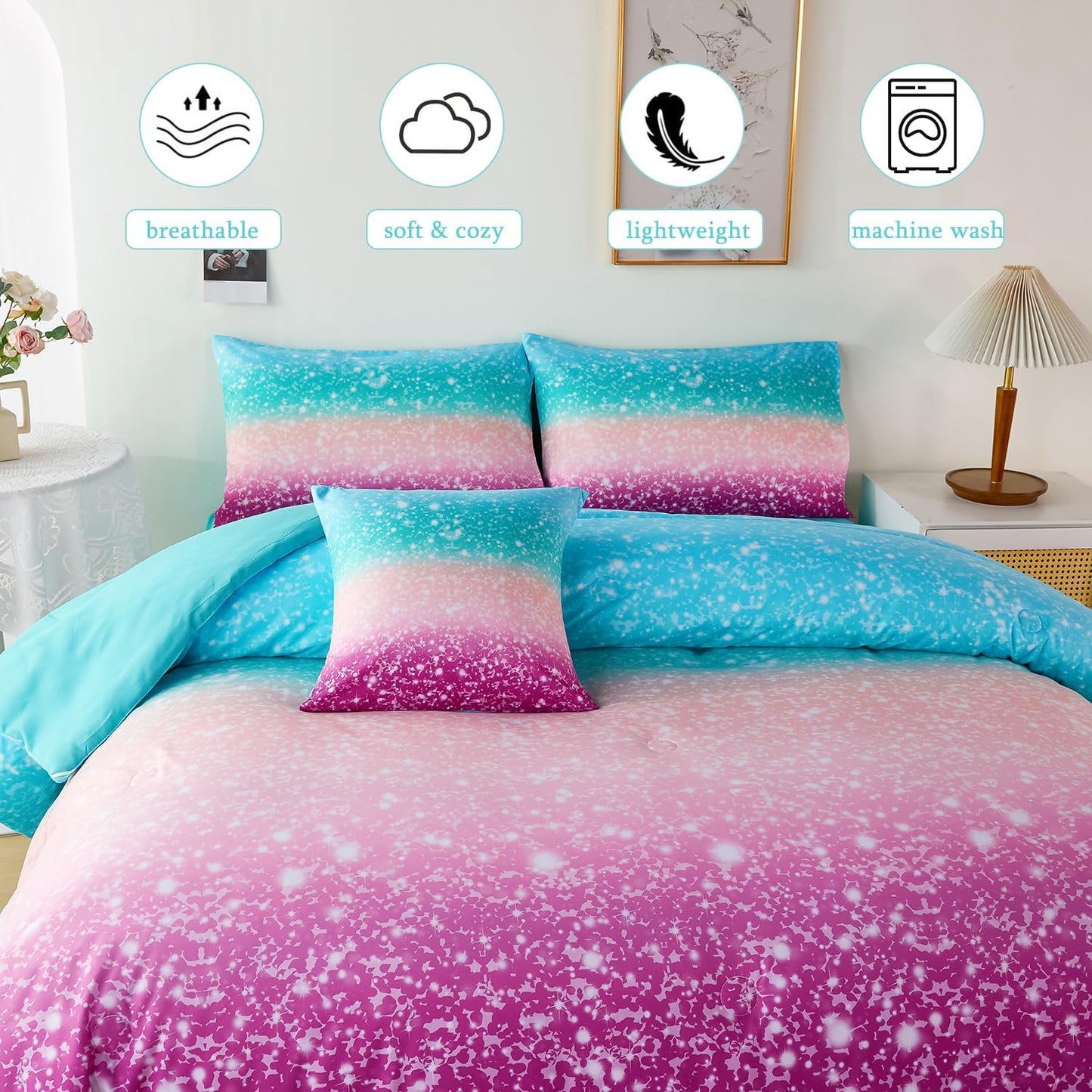 URBONUR Full Size Comforter Set for Girls Glitter 6 Pieces Bed in A Bag Comforter Set with Sheets Ombre Rainbow Bedding Set Kids Teen Girls Bed Set for Full Bed