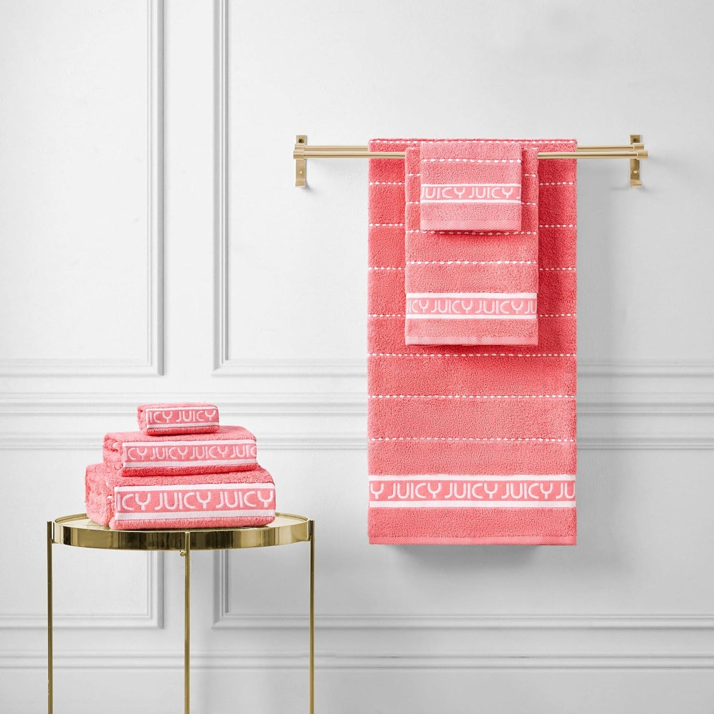 Juicy Couture Luxurious Plush Stripe 6-Piece Set - Pink Coral 100% Cotton Bath Towel Set - Soft and Stylish for Ultimate Comfort and Elegance
