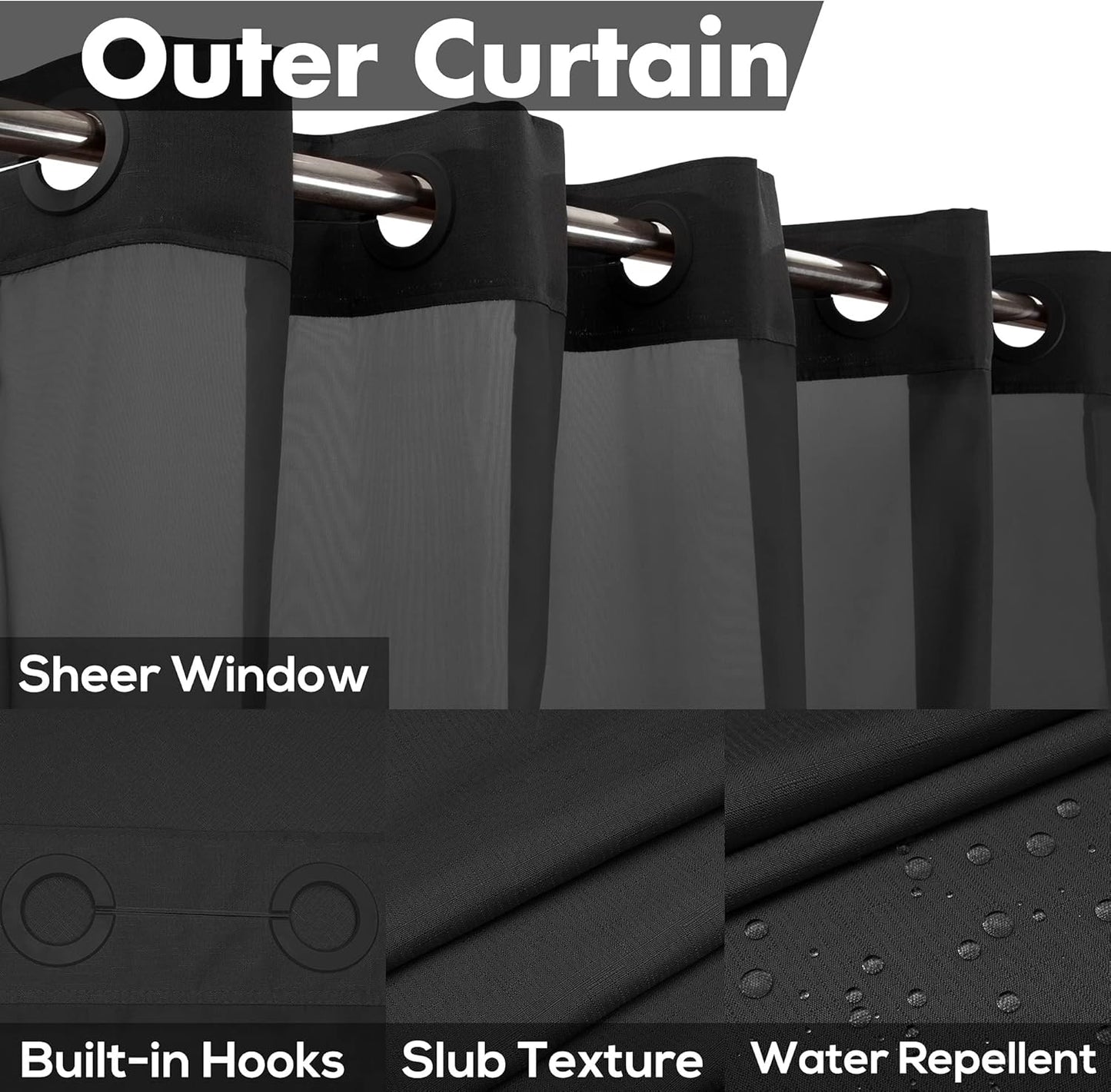 Extra Long No Hook Slub Textured Shower Curtain with Snap-in PEVA Liner Set - 71" x 86"(84"), Hotel Style with See Through Top Window, Black Fabric Curtain & Waterproof Liner, Black, 71x86