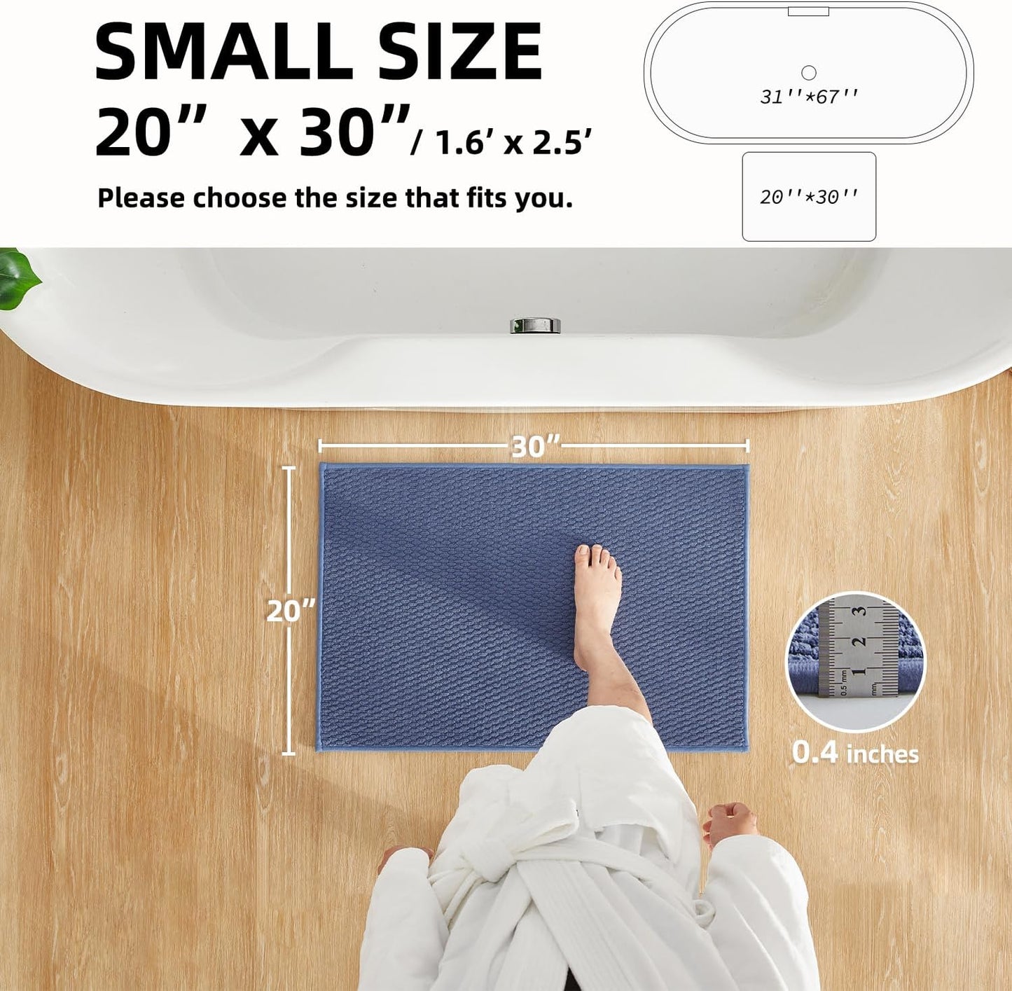 Bathroom Rugs Non Slip Washable, Super Absorbent Thin Bath Mat Small Quick Dry Low Pile Bathroom Rug, Denim Blue 20"x30"