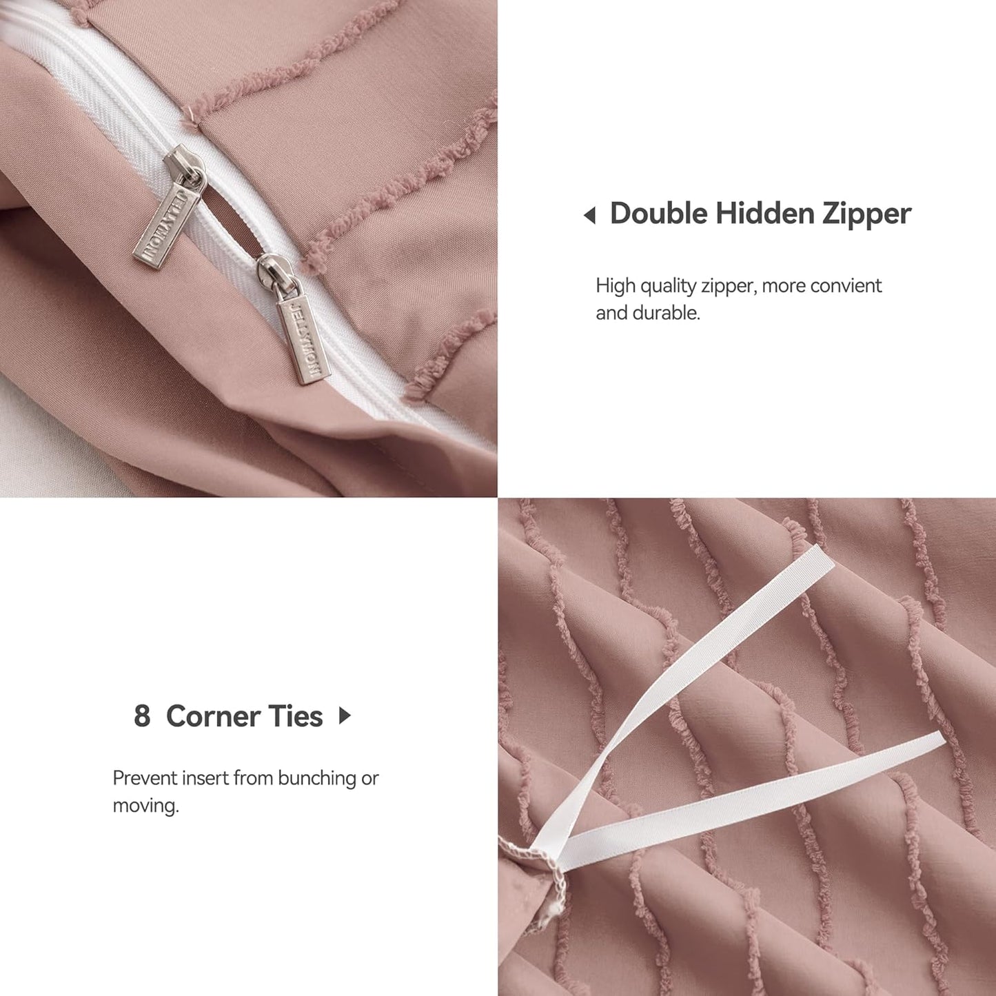 JELLYMONI Duvet Cover Twin Size Smokey Pink - 3PCS Boho Striped Duvet Cover Set Polyester Tufted Bohemian Textured Comforter Cover 68×90in with Corner Ties & Zipper and 2 Pillowcases