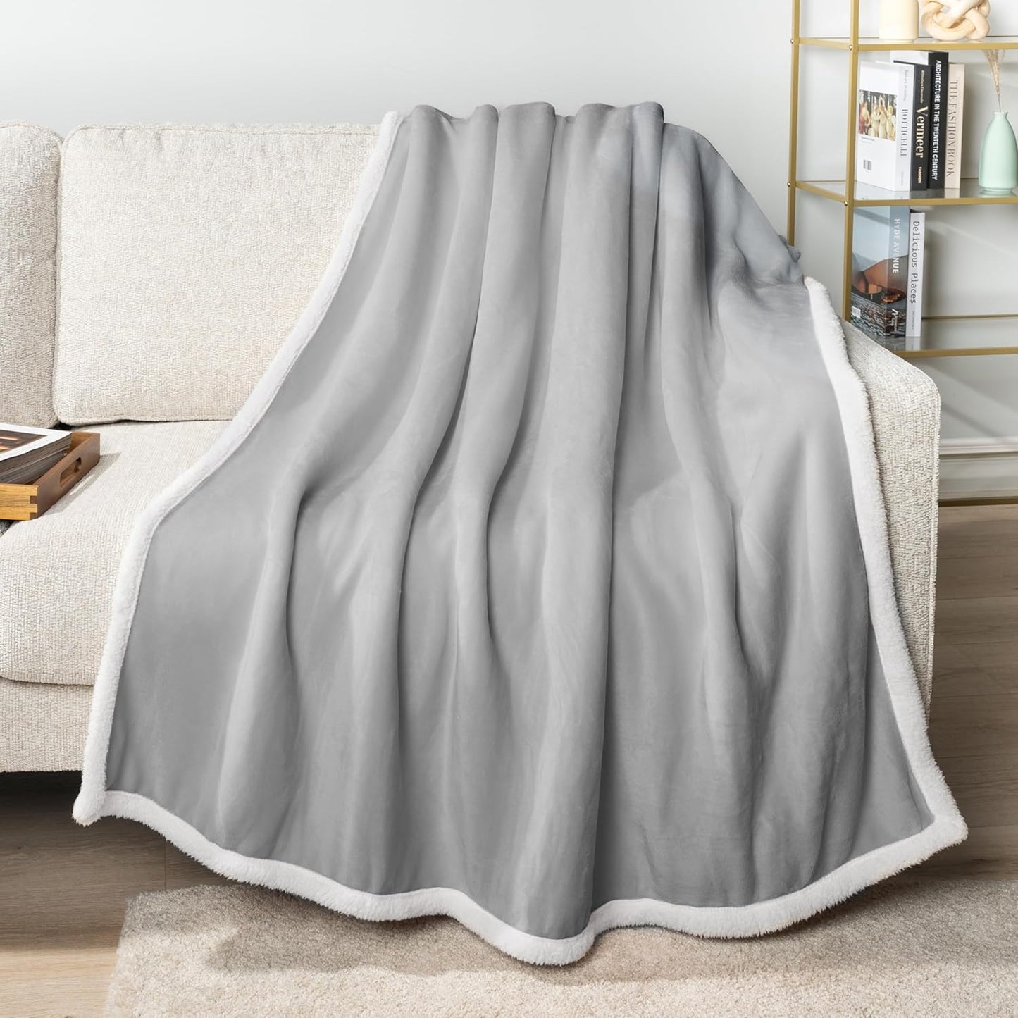 PAVILIA Sherpa Fleece Throw Blanket for Couch, Twin Size, Light Grey, Plush Soft Fuzzy Sofa Blanket, Cozy Reversible Winter Throw for Women Men, 60x80 Inches