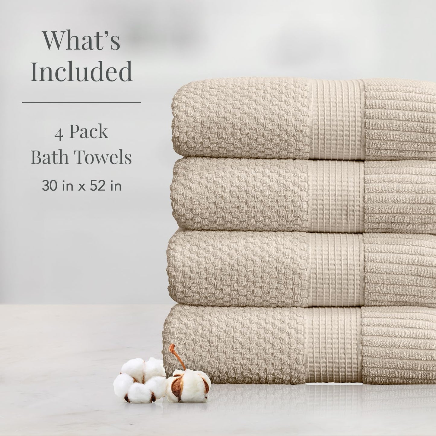 NY Loft 100% Cotton Bath Towel 4 Pack | Super Soft & Absorbent Quick-Dry Bath Towels 30" x 52" | Textured and Durable Cotton | Premium Thick Towels | Trinity Collection (4 Pack Bath Towel, Sand)