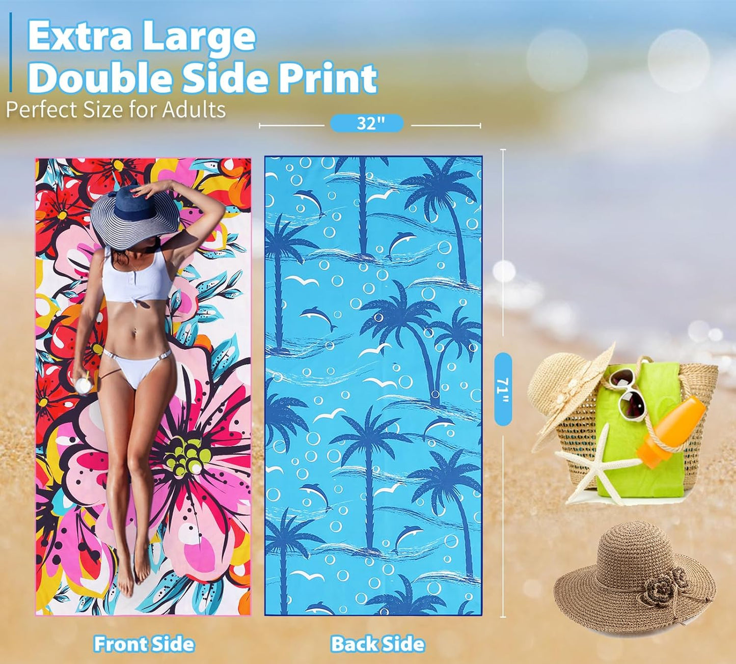 Microfiber Thin Beach Towel Lightweight 71x32 inch Oversized Extra Large Sand Free Towels Fast Dry for Travel Pool Camping Sports Beach Accessories Vacation Essential Gift