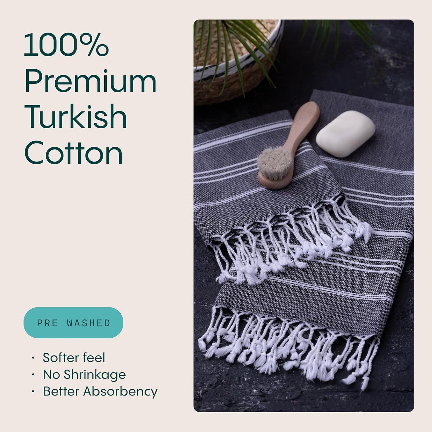 WETCAT Turkish Hand Towels with Hanging Loop, Set of 2 (20" x 30") 100% Turkish Cotton, Pre-Washed, Quick Drying, for Kitchen or Bathroom - Black