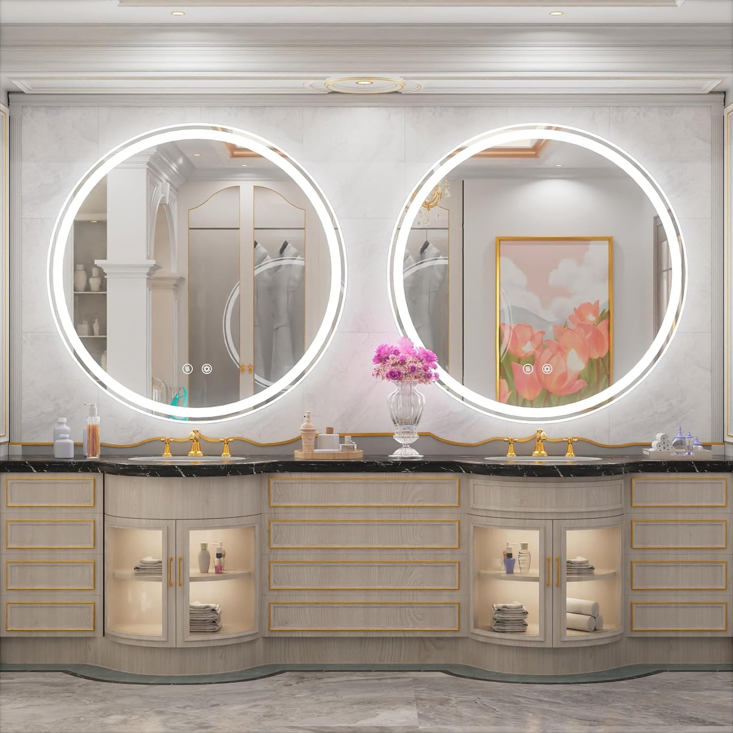 40-Inch Round LED Bathroom Mirror with Anti-Fog, Dimmable Front & Backlit Lights, 6000K Daylight, Frameless, 5mm HD Glass, Memory Function, Touch Control