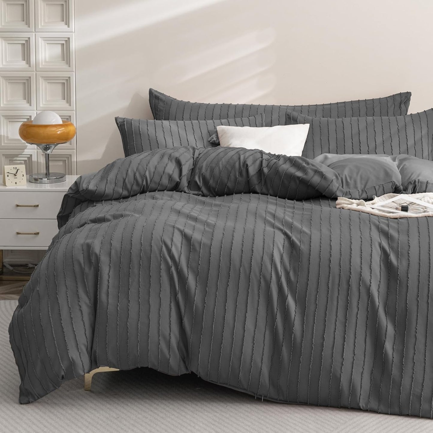JELLYMONI Duvet Cover Twin Size Dark Grey - 3PCS Boho Striped Duvet Cover Set Polyester Tufted Bohemian Textured Comforter Cover 68×90in with Corner Ties & Zipper and 2 Pillowcases